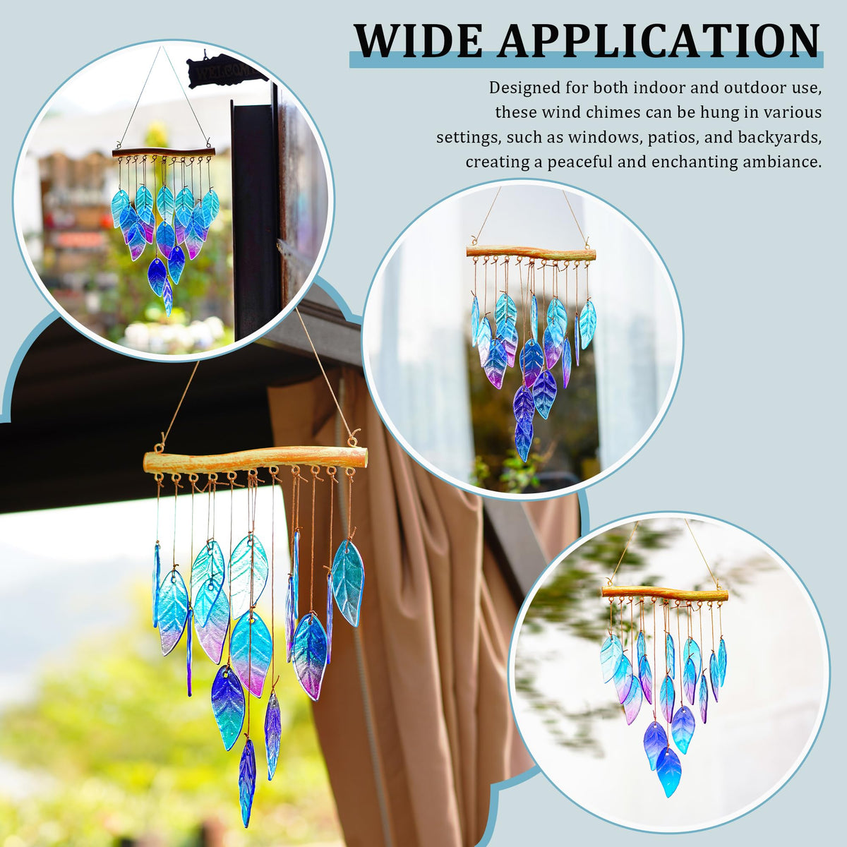 12.5 Inch Handmade Stained Glass Leaf Wind Chimes Window Decor (20in-Blue Leaves)