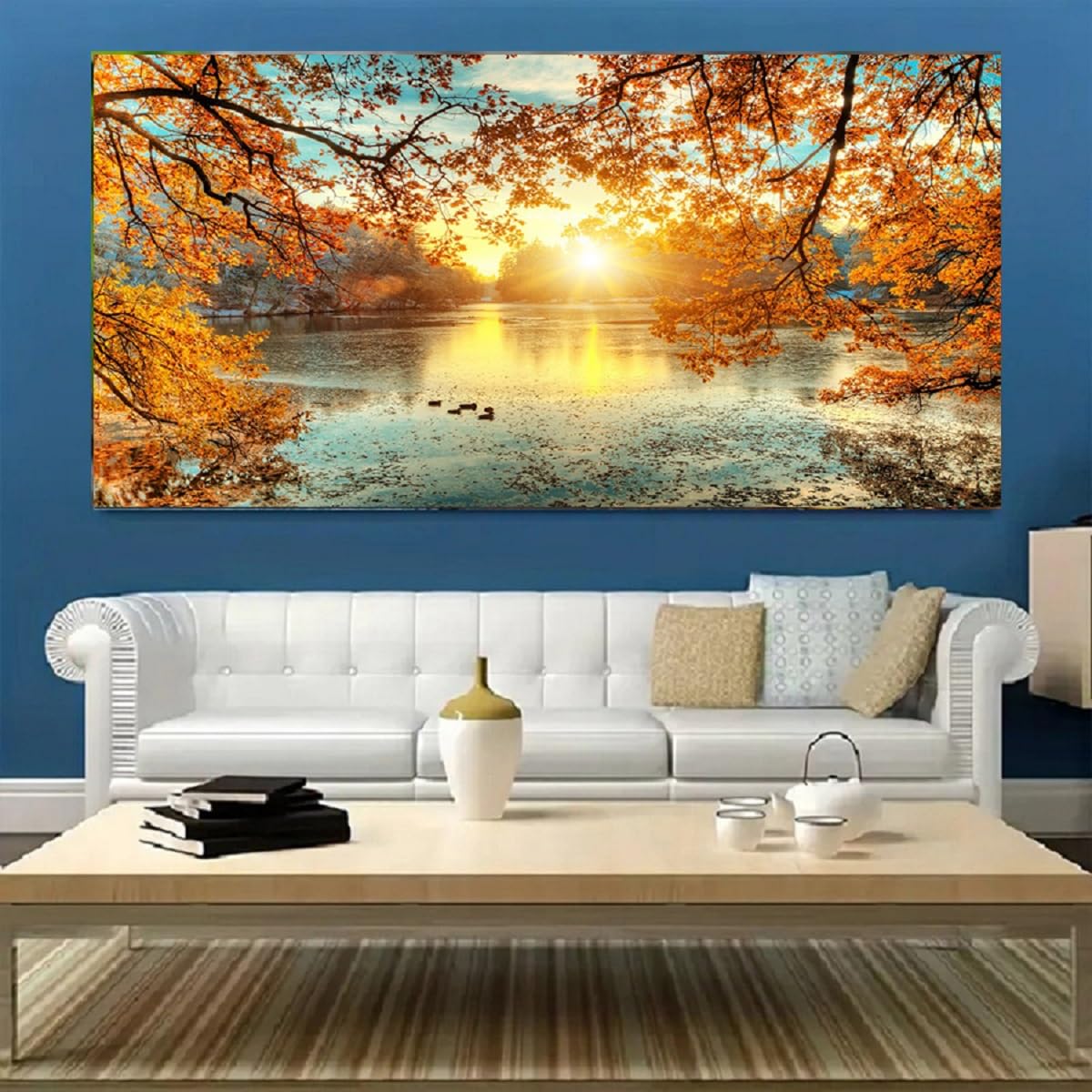 Landscape Tree Canvas Wall Art Fall Forest Sunset Wall Decor Poster Lake Water Pictures for bedroom wall décor Natural Scenery Paintings Artwork Large Living Room Decor Home Office Decoration (Bblanndscape / 60"L x 30"W)