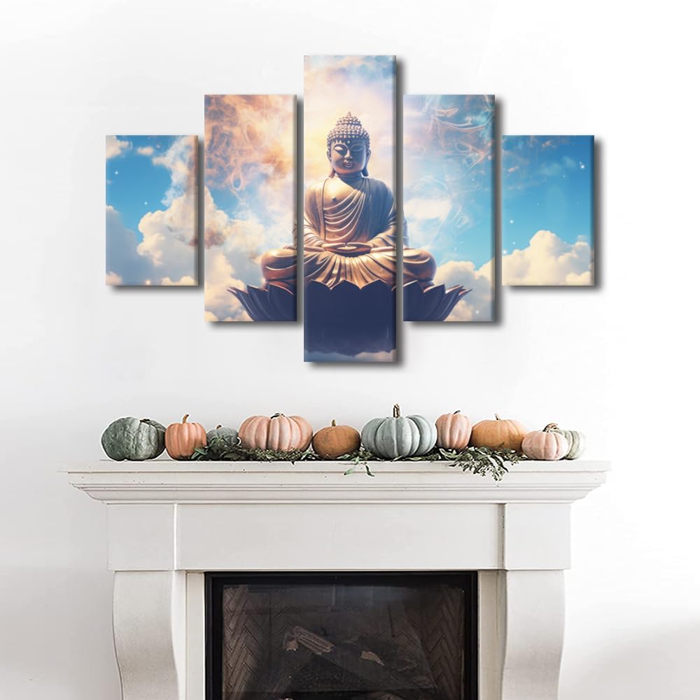 Buddhism Canvas Wall Art Modern Wall Art for Home Decor Buddha Statue Sky Poster Prints on Canvas 5 Panel Religious Artwork Printing for Living Room Decor Stretched and Framed Ready to Hang 60x40 in (60x40 in / 5PANEL-20)