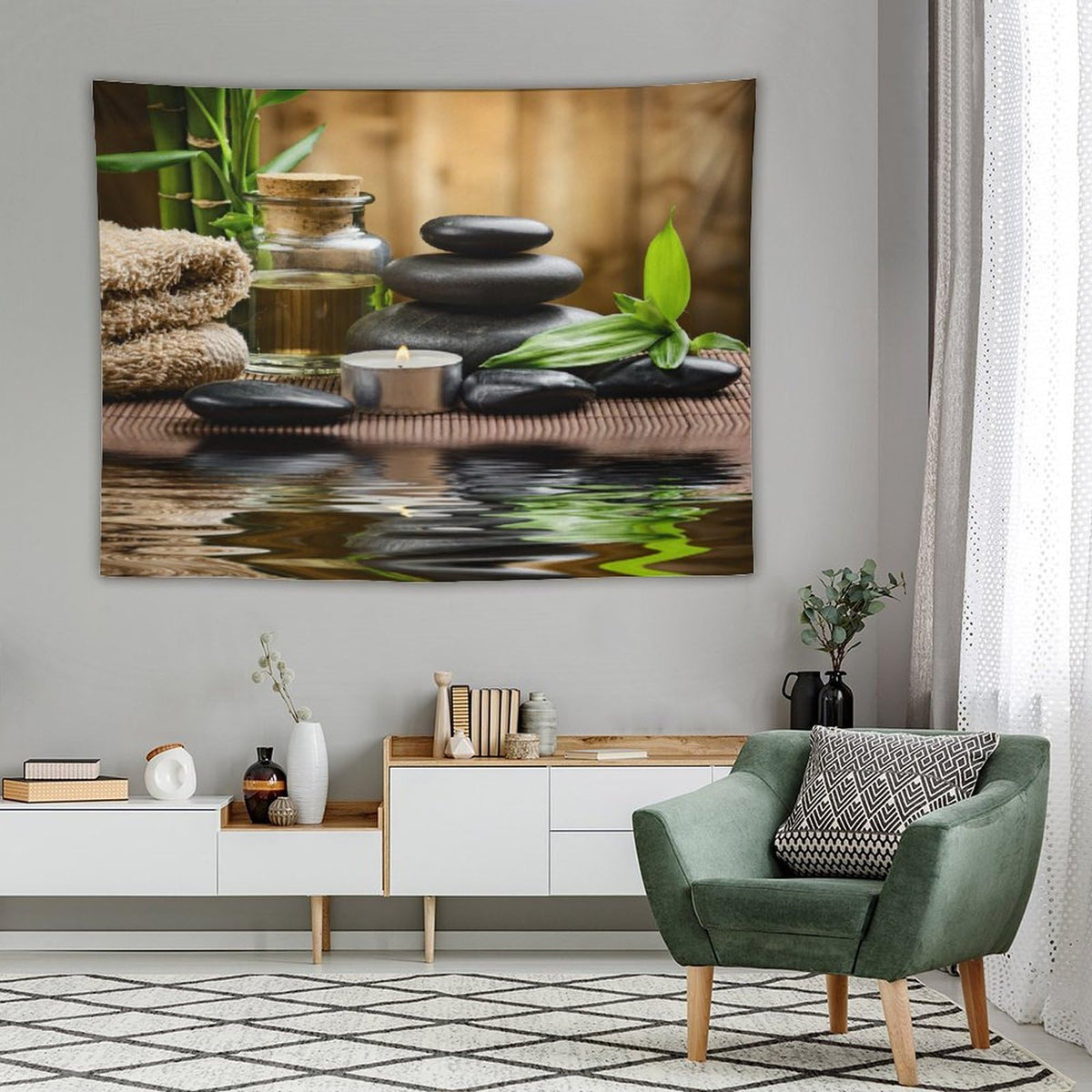 Spa Tapestry Wall Hanging Massage Stone Triplets Herbal Oil and Scent Candles Print Tapestries Home Decor for Living Room Bedroom Farmhouse Kitchen Dorm 60"x80" (60"L x 80"W / Zen-2)