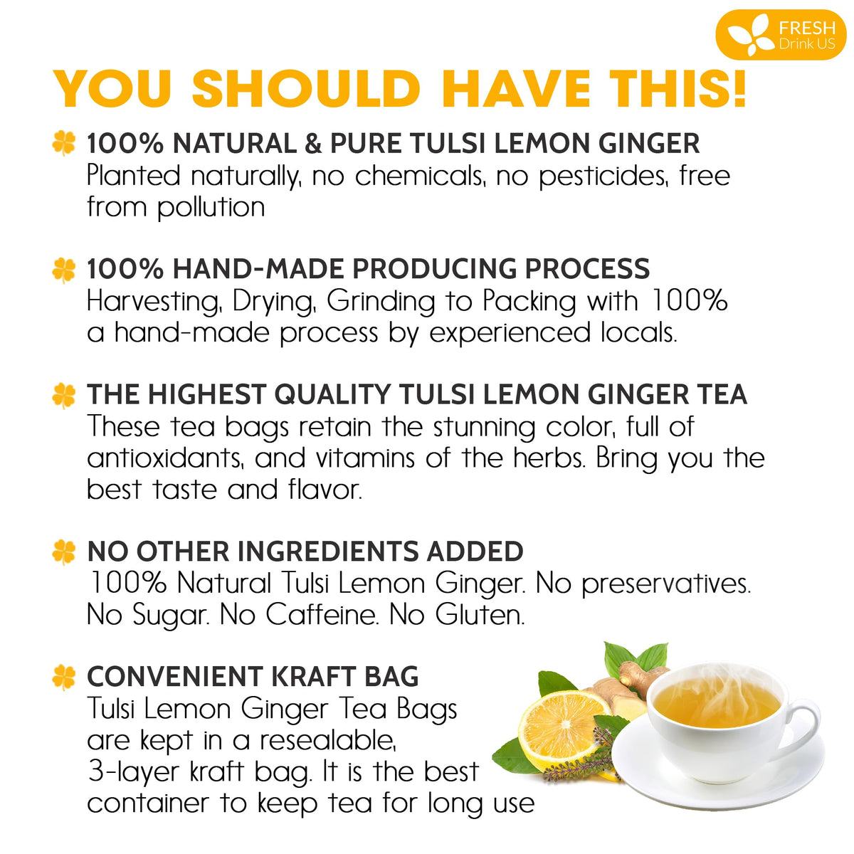 Premium 75 Tulsi Lemon Ginger Tea Bags (75 Tea Bags)