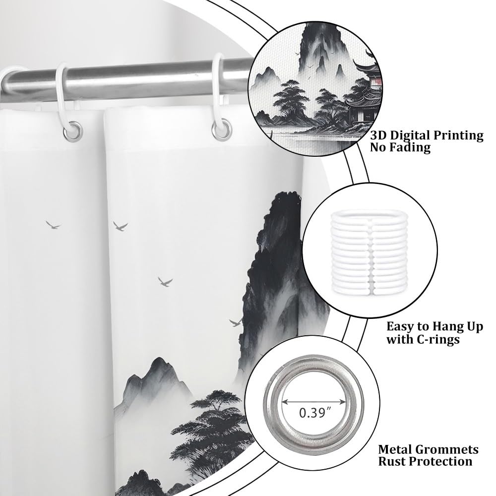Traditional Japanese Painting Shower Curtain Ink Painting Asian Oriental Abstract Art Shower Curtain Foggy Mountain Boat Wild Goose Outdoor Natural Scenery Bathroom Curtains 60x72 Inch (60"W x 72"L (Pack of 1) / Black-71)