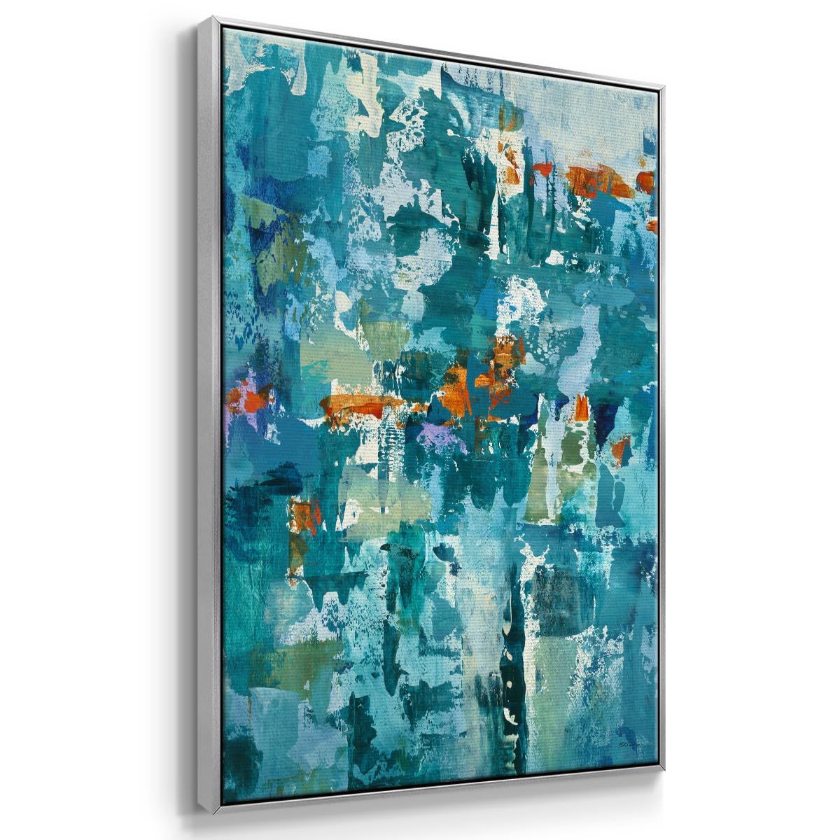 Canvas Wall Art Silver Floater Framed Prints for Home Rustic Teal Blue Brushstrokes Splash Abstract Hanging Artwork for Bedroom Office Kitchen (25"L x 17"W / Reticent I)