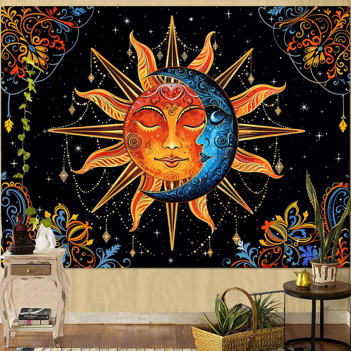 Sun and Moon Tapestry Mandala Wall Tapestry (Red Blue Black / 60"L x 44"W)