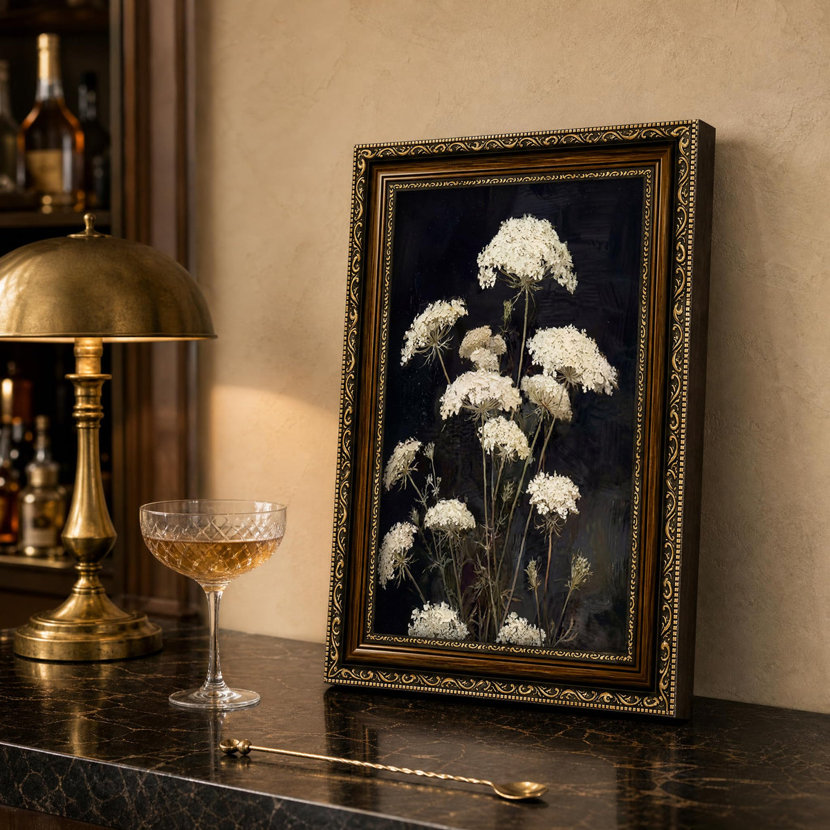 Vintage Queen Anne's Lace Framed Wall Art Moody Botanical Print Wall Decor (Radish Flower 2 / 16"L x 12"W)