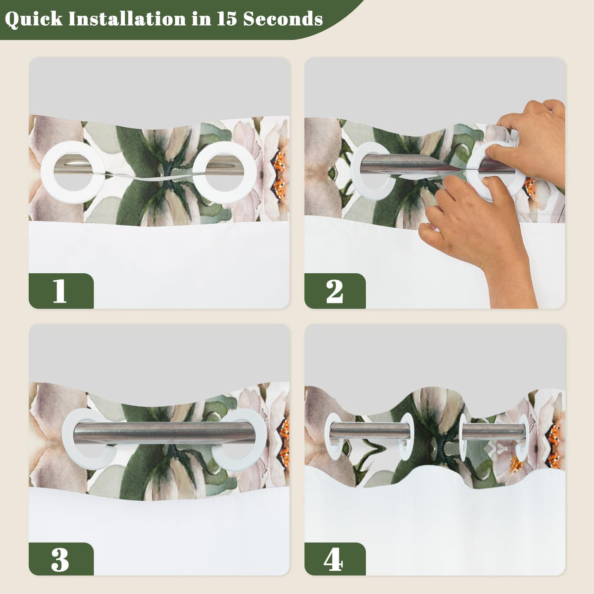 No Hook Shower Curtain and Snap in Liner Set (Hanging Floral)