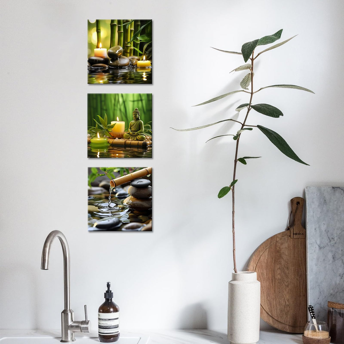 Set of 3 Zen Canvas Wall Art Spa Stone Green Bamboo Zen Candles Buddha Pictures Relaxing Wall Art for Office Bedroom Living Room Bathroom Decor Ready to Hang (Zen 04 / 16"L x 16"W)