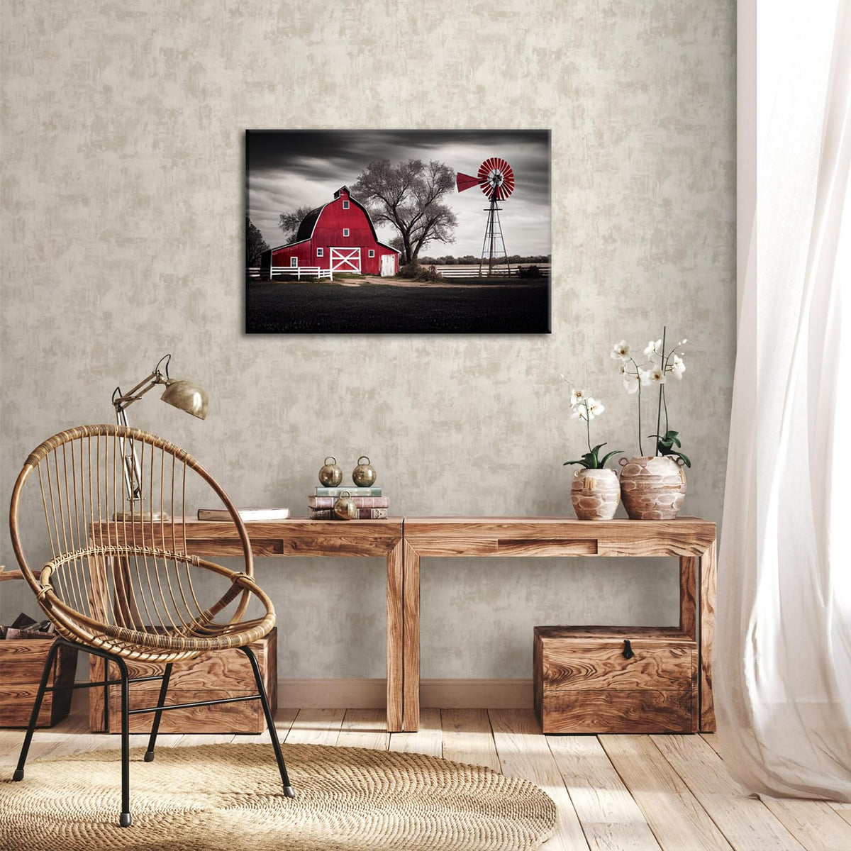 Black and White Barn Canvas Wall Art Farmhouse Nature Landscape Windmills Picture for Living Room Decoration Country Farm Red Barn Framed Painting Rustic Print Artwork Bedroom Modern Home Decor 20x30 (30"L x 20"W / Red Bran)