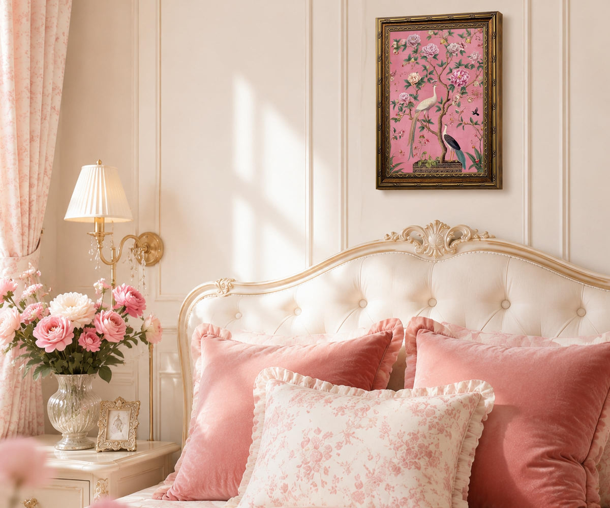 Vintage Gold Framed Chinoiserie Floral Bird Wall Art Vintage Botanical Peony Painting Print (BirdsPeacocks / 8"L x 10"W)