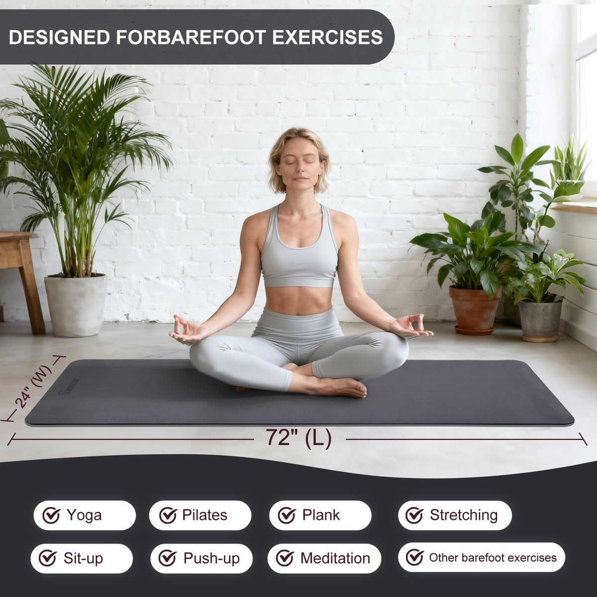 Yoga Mat for Women Men (72"x24"x2/5" / Glacier Gray & Jet Black)