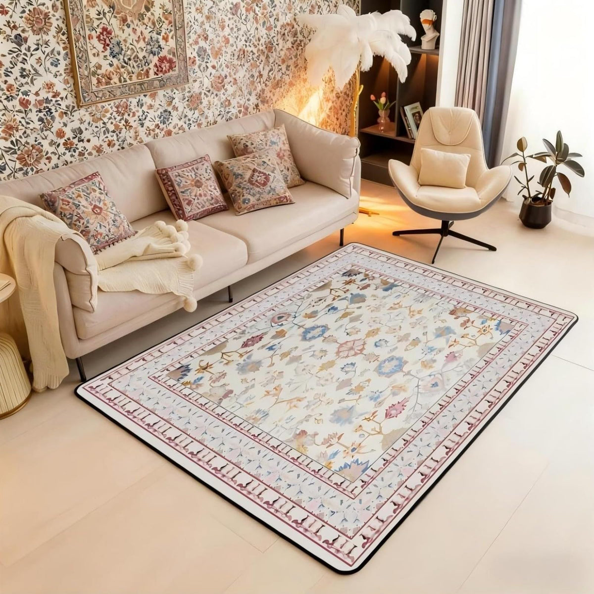 Boho 3x5 Area Rug Vintage Floral Rugs for Living Room (Pink Beige / 3'3" x 4'11" (Rectangular))