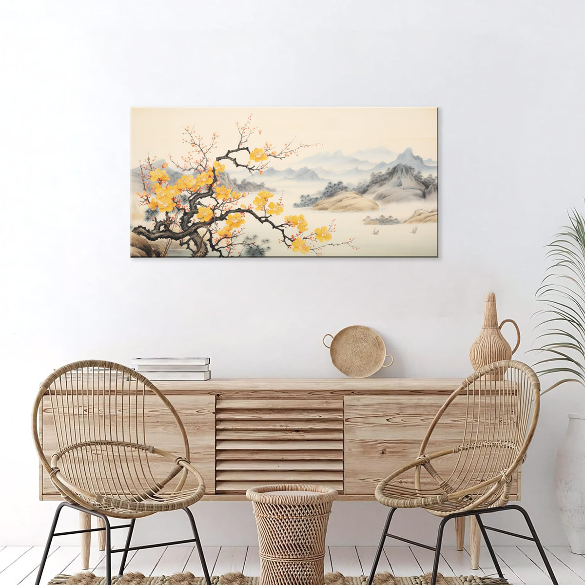 Asian Wall Art Traditional Chinese Painting Oriental Yellow Plum Blossom Canvas Pictures for Wall Decor Home decor for Living Room Cherry Blossom Decor Landscape Artwork Framed Ready to Hang (Yellow Blossom-One Piece / 16"L x 8"W)