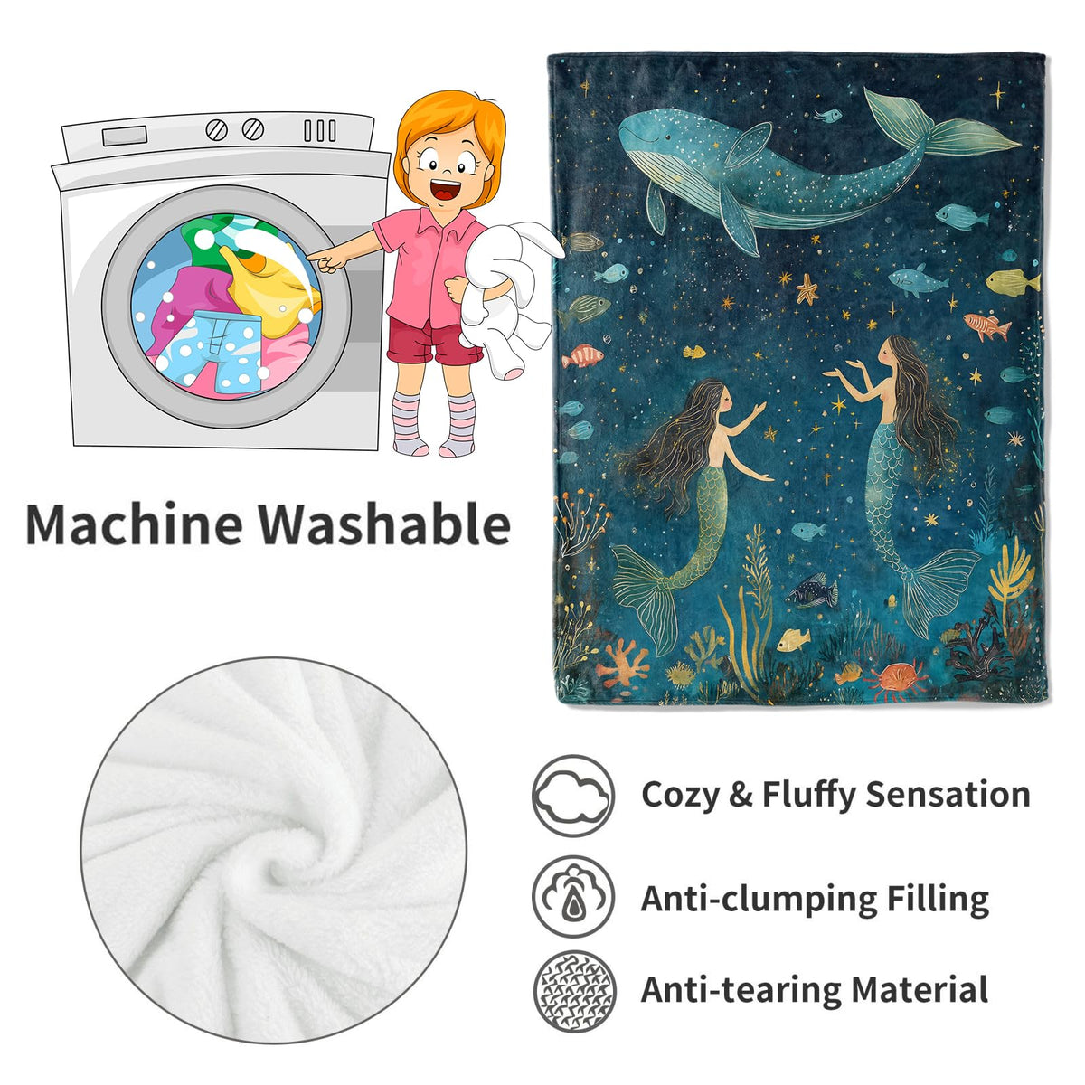Mermaid and Whale Blanket Magical Underwater Marine Life Throw Blankets (40x50in / Mermaid)
