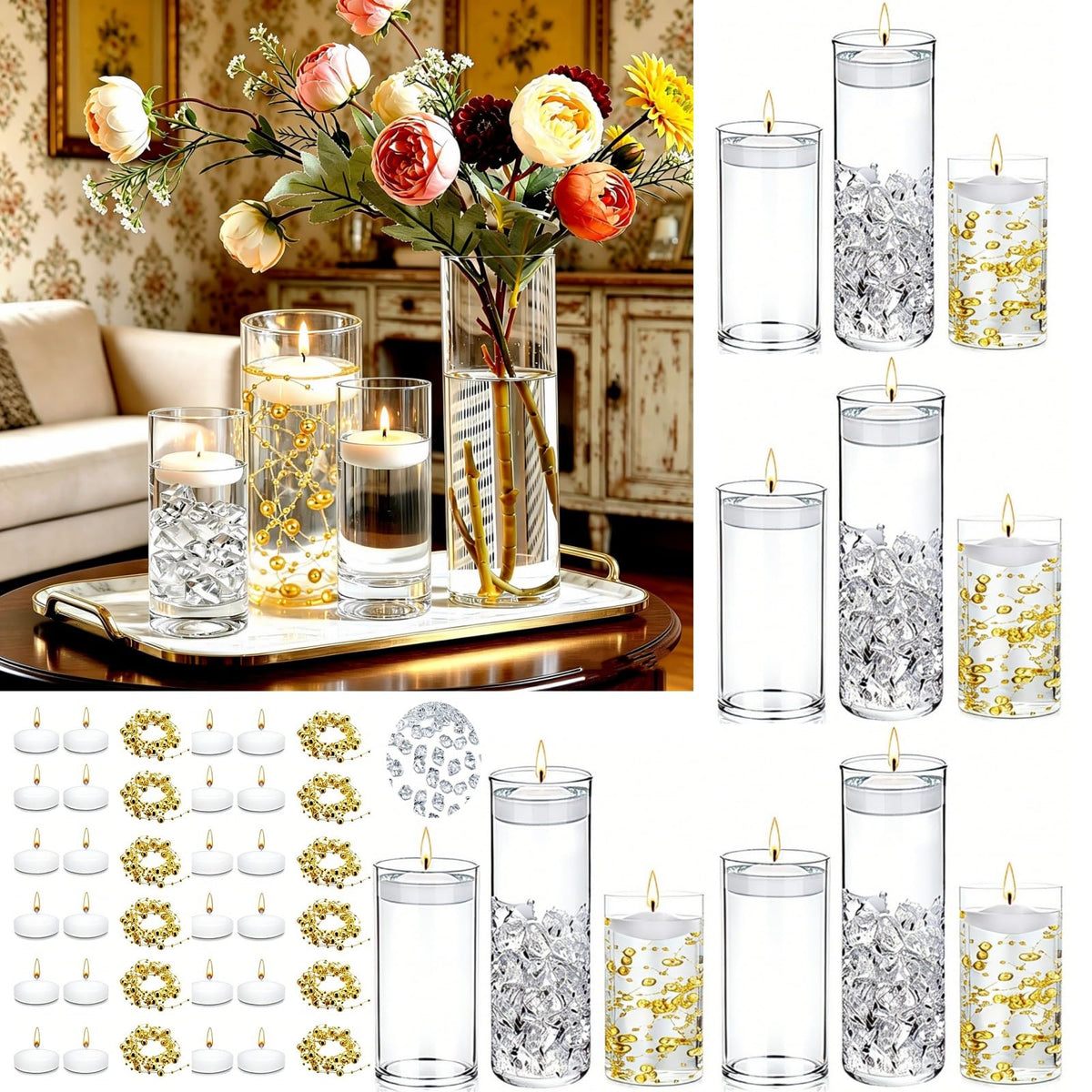 12 PCS Glass Vases for Centerpieces with 24 PCS Floating Candles for Centerpieces12 Pearl Strings and 400 Fake Ice Floating Candle Vases Glass Holder for Wedding Home Table Decorations (12 SET)