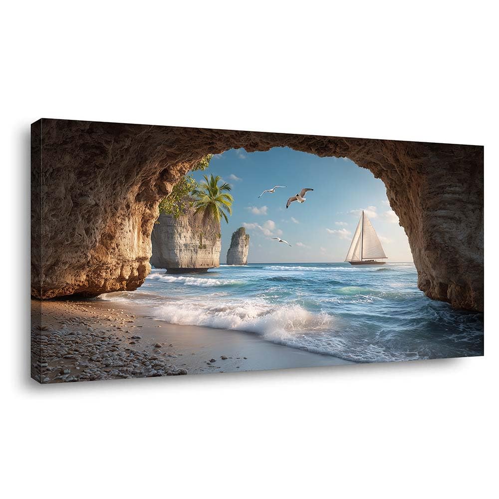 Scenic Ocean Cave View Canvas Wall Art Coastal Sailboat Tropical Island Beach Landscape Painting Gallery Wrapped Relaxing Nature Print Artwork for Living Room Bedroom Bathroom Decor (Coastal / Beach Cave Sailboat 34 / 40"L x 20"W)