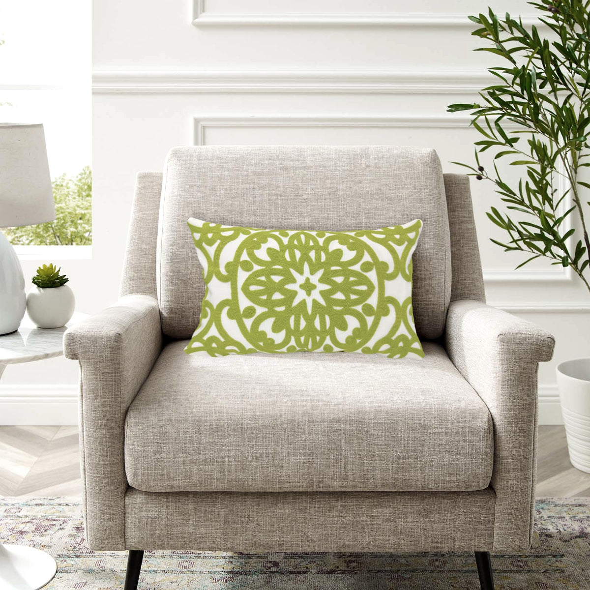 Boho Embroidered Lumbar Throw Pillow Cover 12"x 20" (Chartreuse Green / 20" x 12" (Pack of 1))