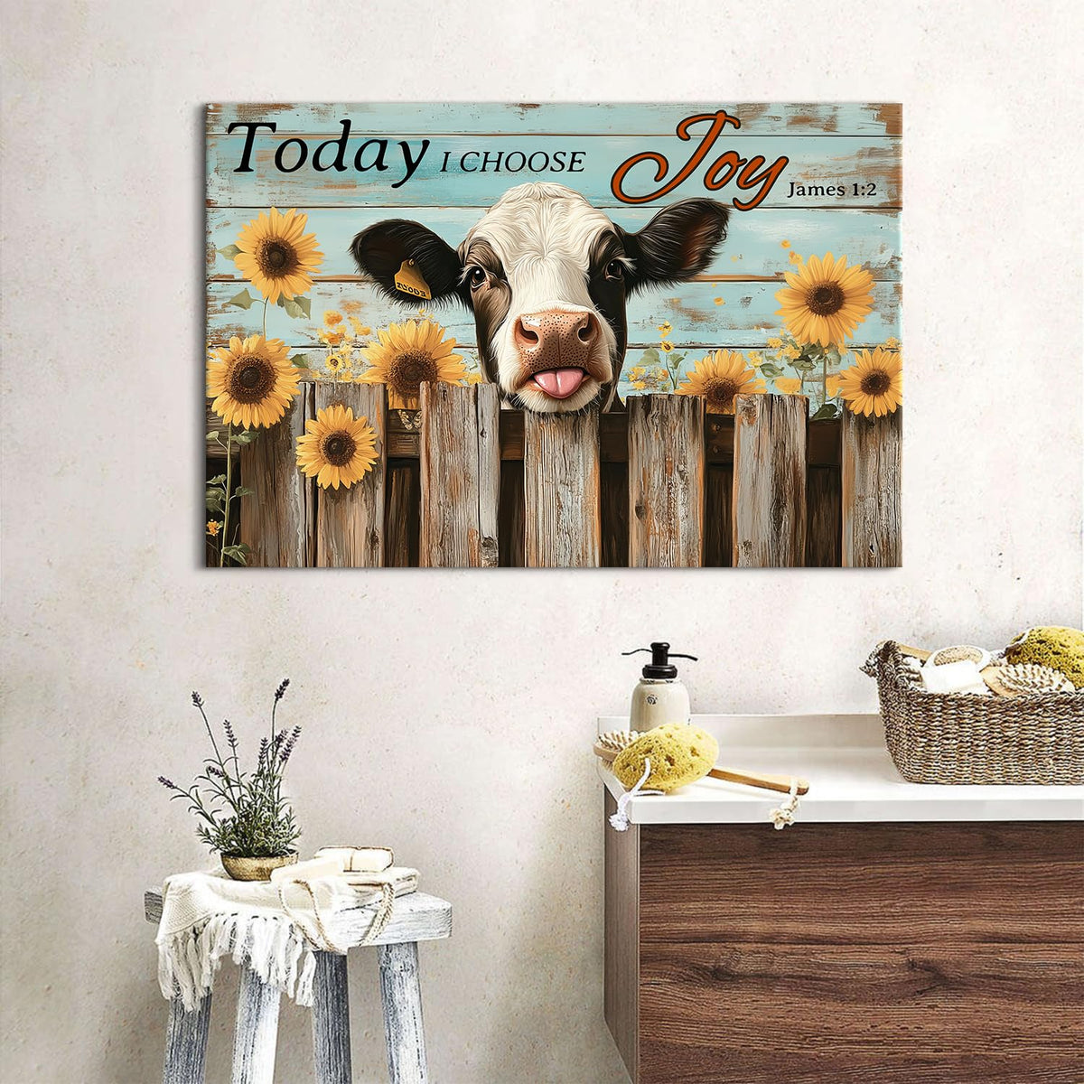 Funny Cow Wall Art Teal Wall Decor Sunflower Kitchen Pictures Christian Bible Signs Canvas Prints Poster Vintage Farmhouse Inspirational Quotes Painting Artwork for Living Room Home Decorations 16x24" (24"L x 16"W / Funny Cow01)