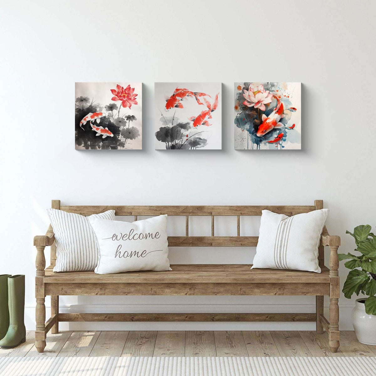 3PCS Traditional Koi Fish and Lotus Flower Canvas Wall Art Asian Ink Style Red and White Carp Feng Shui Water Scene Oriental Zen Artwork for Bedroom Living Room Meditation Office Wall Decor (Koi Fish / 20x20 inches (3 pieces))