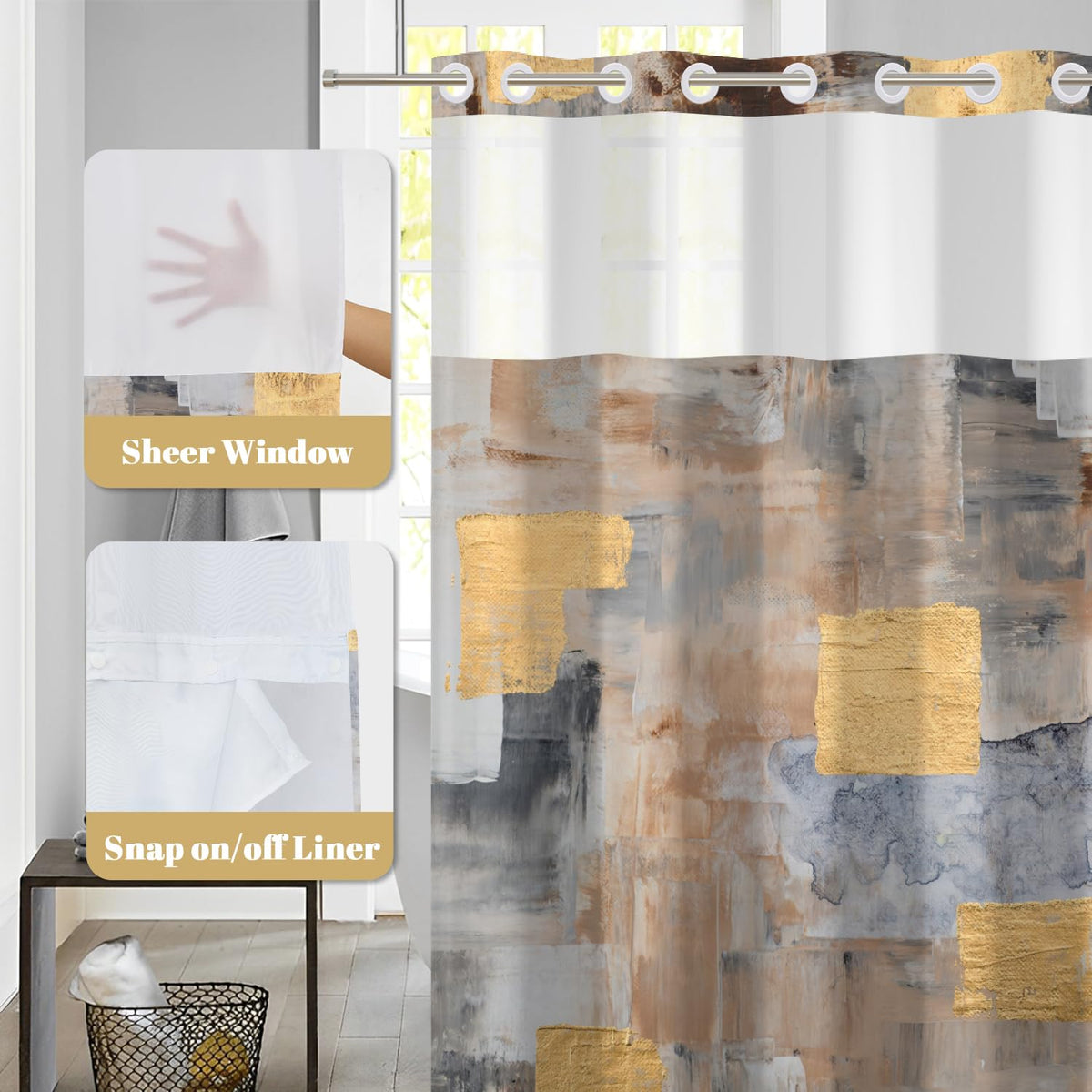 No Hook Shower Curtain with Snap in Liner Set (Abstract-3)