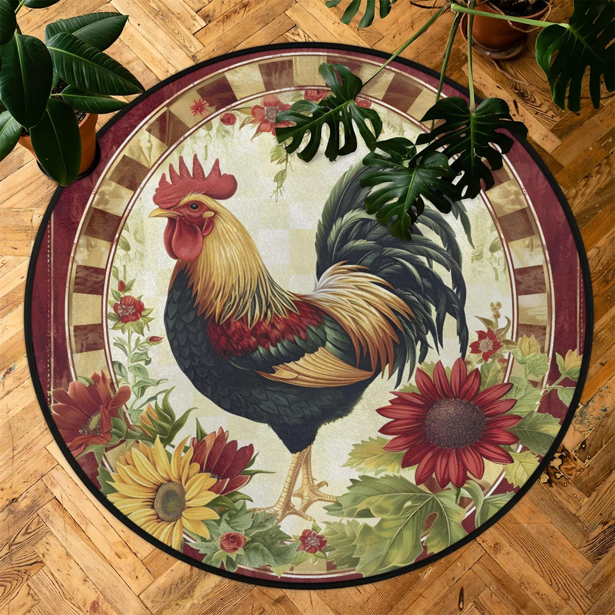 3 Ft Red Rooster Round Rug Circle Area Rugs Circular Door Mat for Indoor (A:a-1 / 3'3" (Round))
