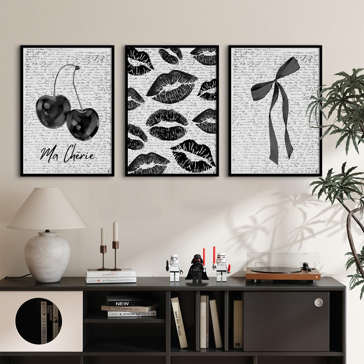 Black White Aesthetic Wall Art Coquette Bow Fashion Canvas Wall Decor Preppy Cherry Posters Vintage Girl Room Decor Bow Pictures Trendy Lips Kiss Prints for Girly Bedroom 16x24 Inch Unframed 3pcs (Black Lips Prints / 16x24 Inch Unframed)
