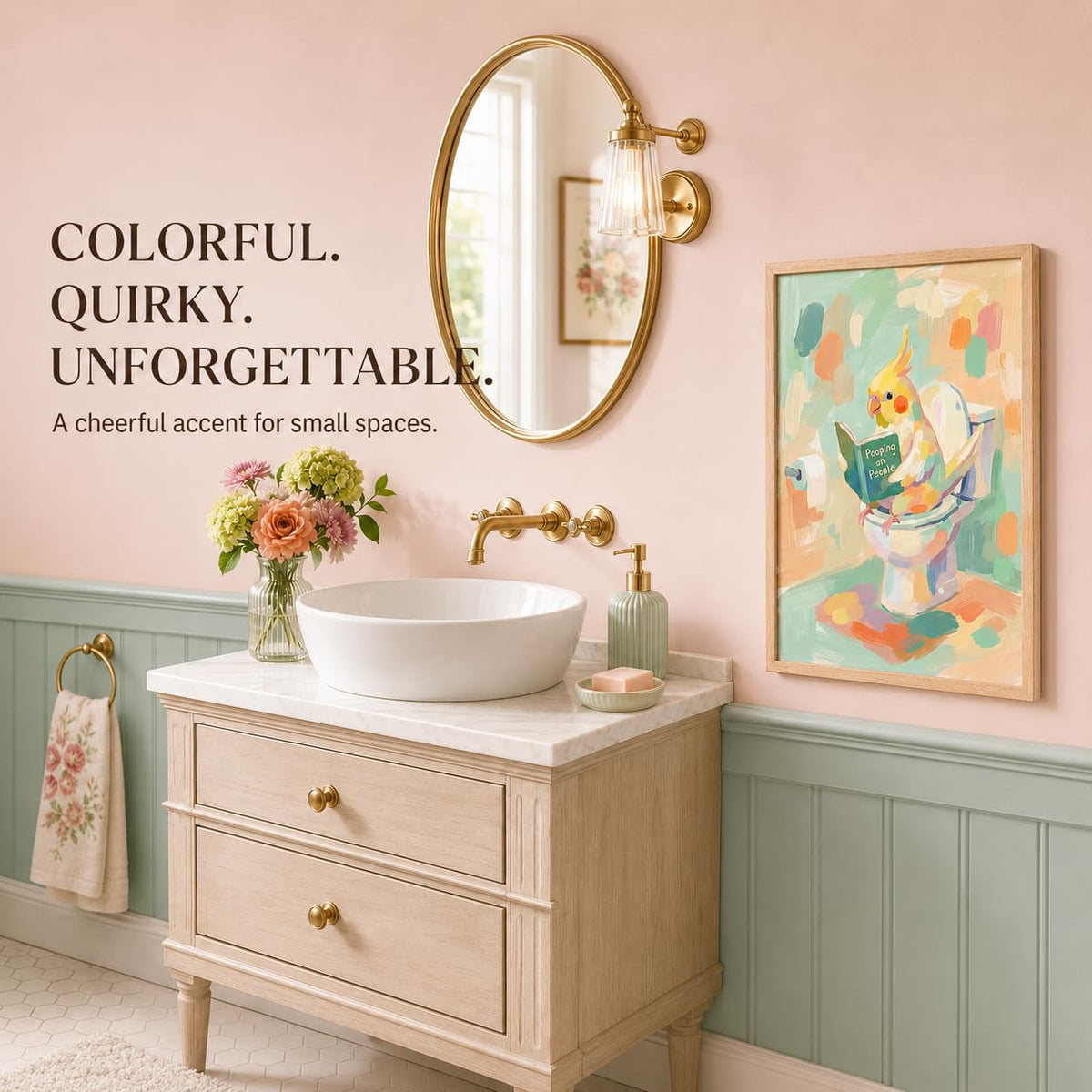 Framed Funny Parrot Bathroom Wall Art Cute Cockatiel Whimsical Canvas Print (Cockatiel / 24"L x 16"W)
