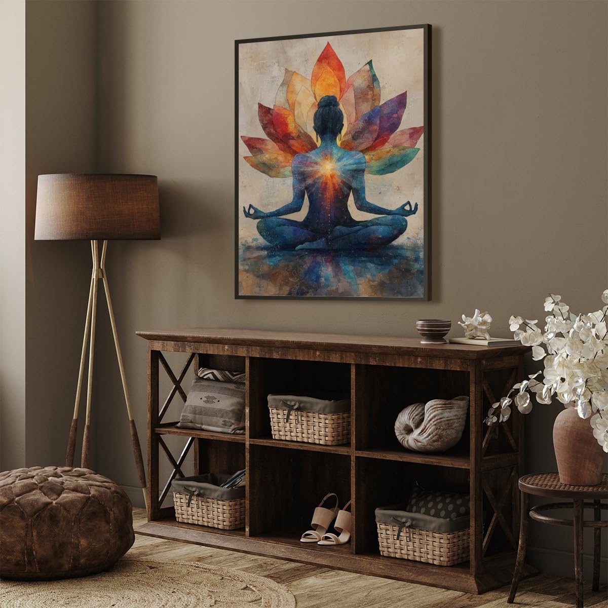 Meditation Wall Art Colorful Meditation Lotus Poster Chakra Energy Canvas Print Yoga Room Home Decor 16x24inch black framed (style-4-black framed / 16"L x 24"W - Black Framed)