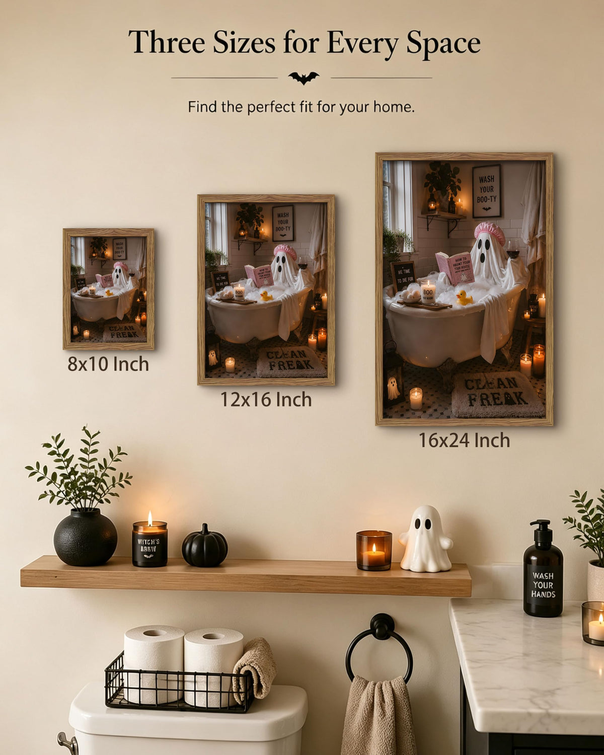 Framed Funny Halloween Bathroom Wall Art (A-Specter / 24"L x 16"W)