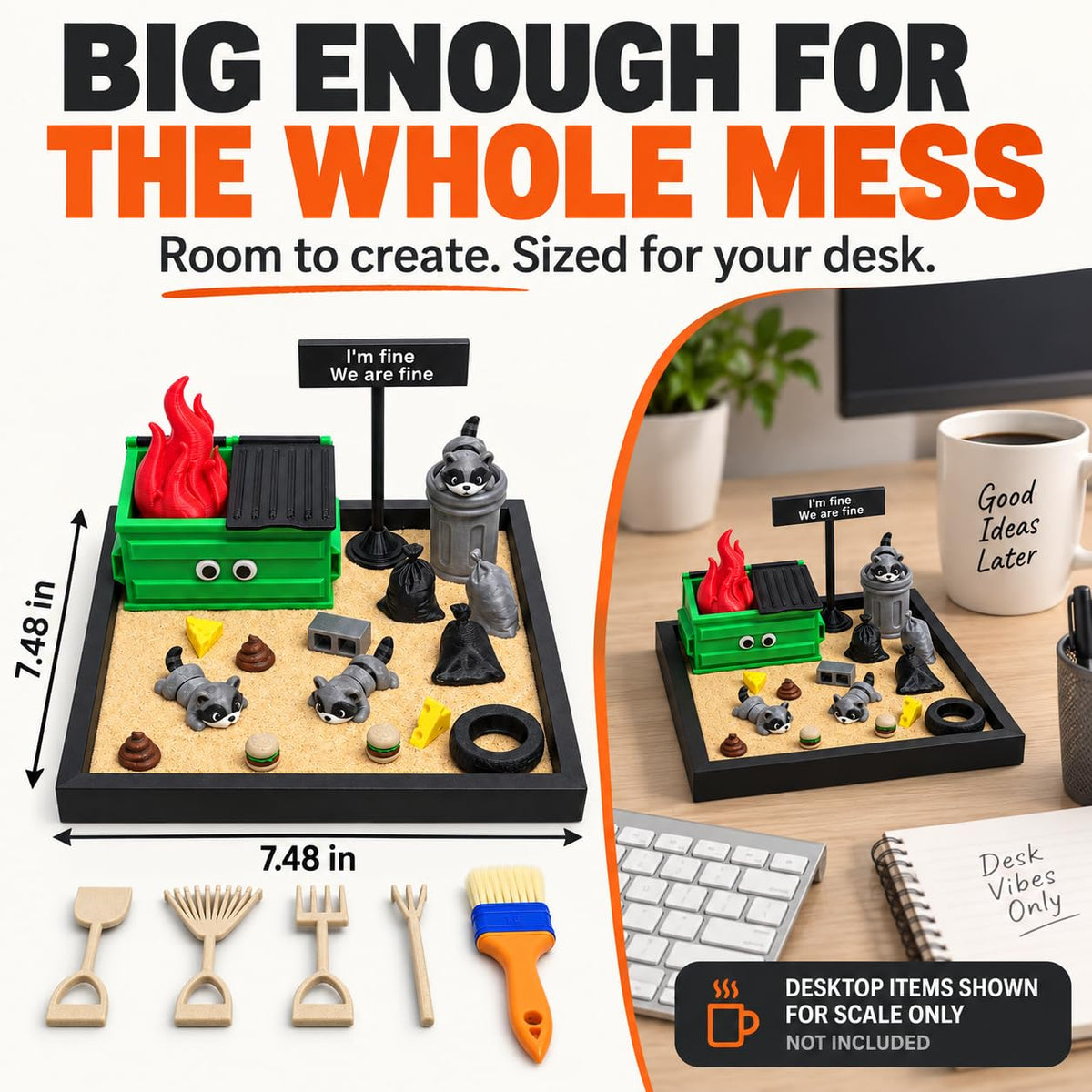 Dumpster Fire Zen Garden for Desk with Large 7.48 x 7.48 Inch Tray and Rake (Black)