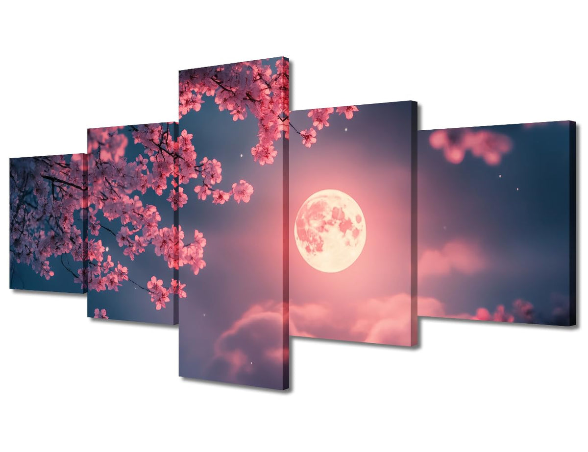 Canvas Wall Art Lunar Embrace Through Sakura Silhouettes Five Panel Framed Painting Nocturnal Blossom Decor Zen Moonlight Wall Art Meditation Space Decor Ready To Hang 50"Wx24"H (50''Wx24''H / Artwork-13)