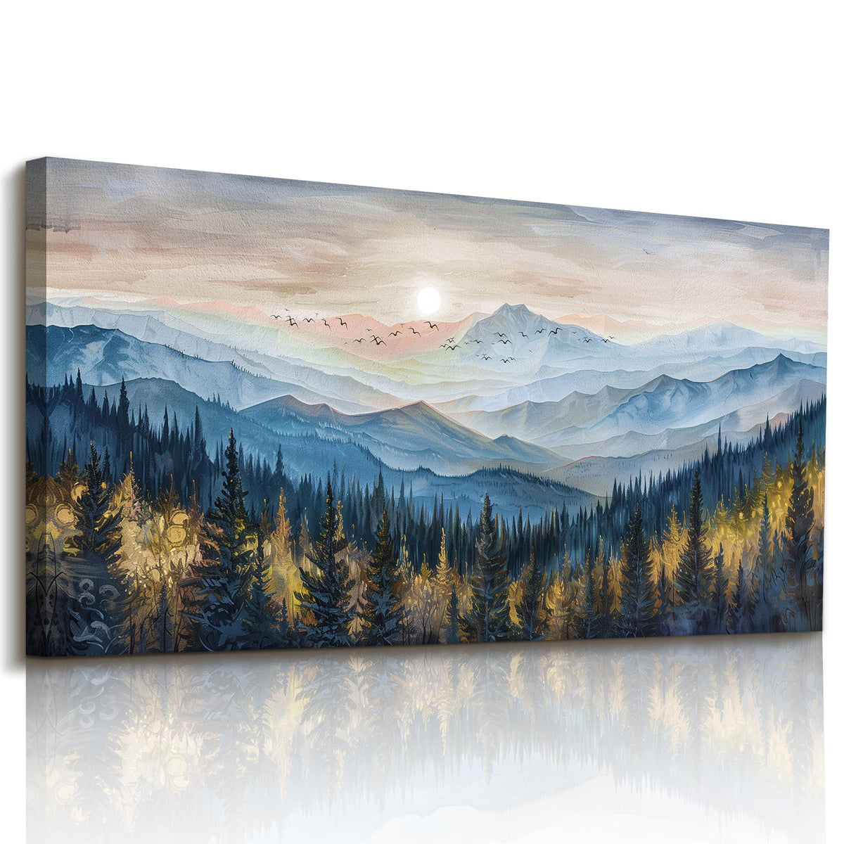 Modern Mountain Large Wall Art Forest Landscape Painting Blue Gold (Blue Ridge Mountains / 48"L x 24"W)