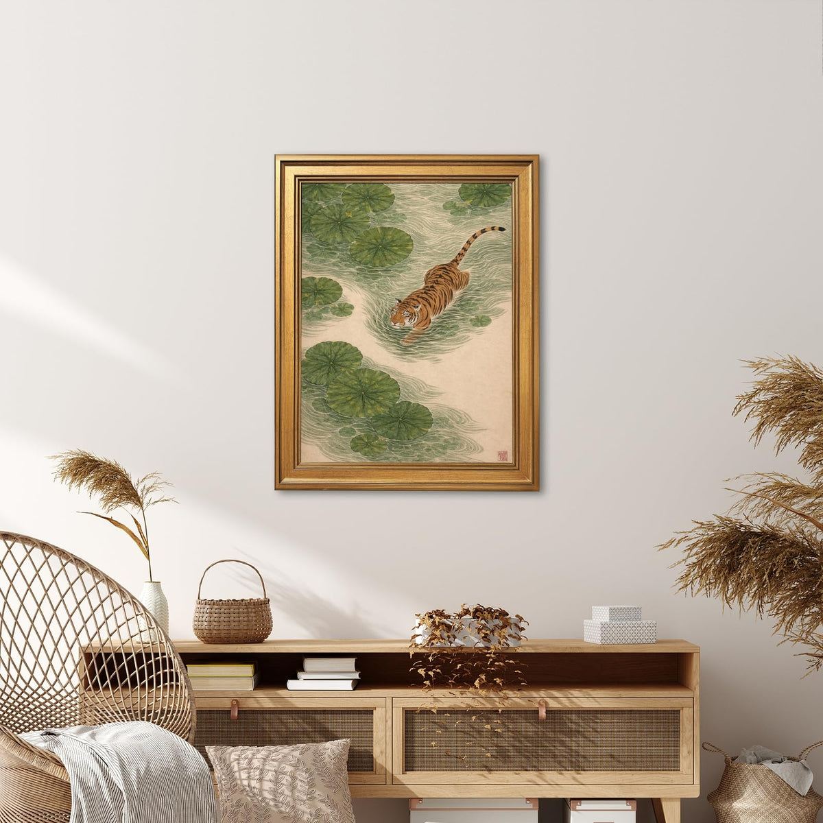 Japanese Tiger Wall Art Prints Vintage Asian Pond Painting Zen Nature Animals Posters Tiger in Lotus Pond Artwork Oriental Animal Nature Wall Decor for Living Room Bedroom 24x36inch Golden frame (style-5 Vintage Golden frame / 24"L x 36"W)