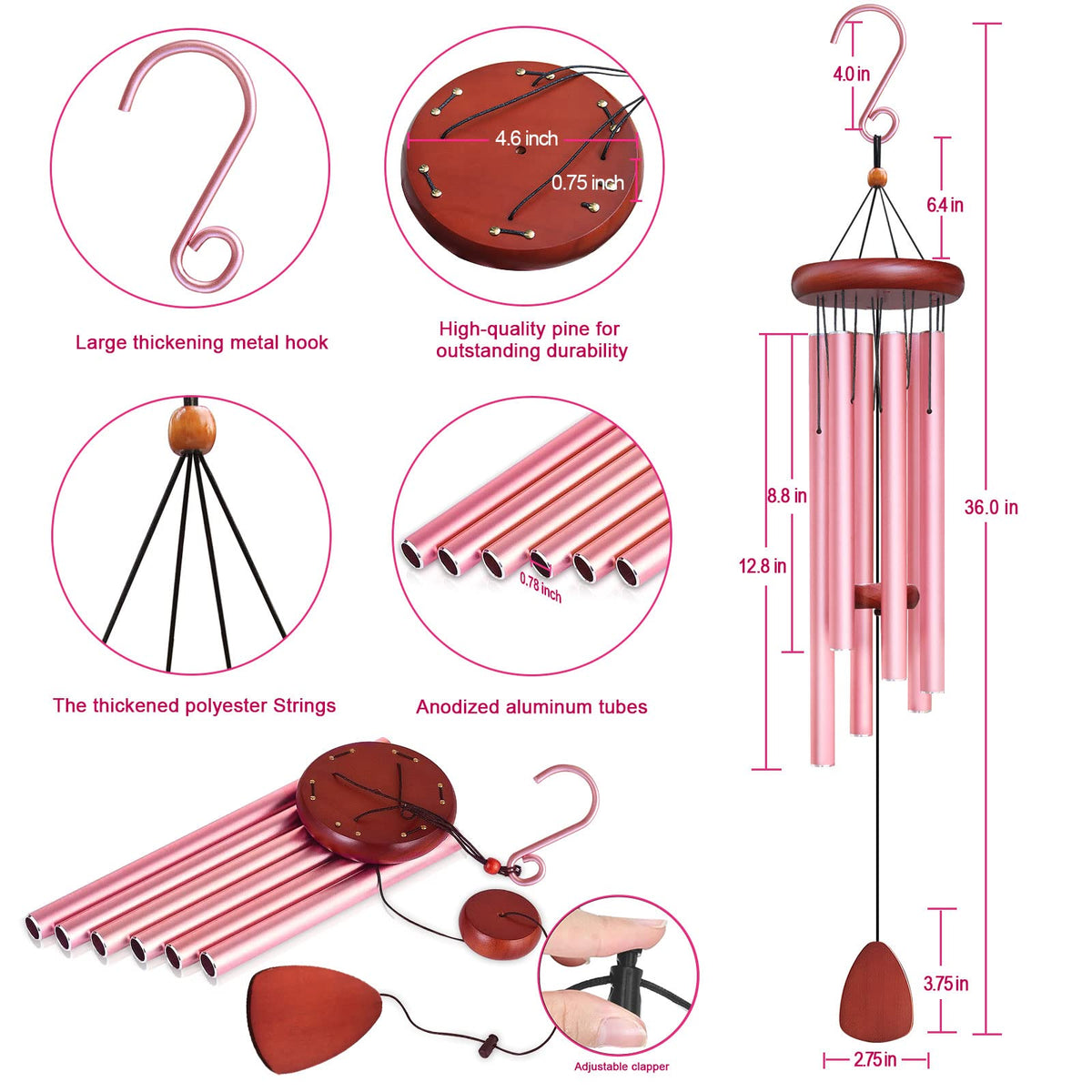 Large Aluminium Wind Chimes (Pink Wind Chimes-36")
