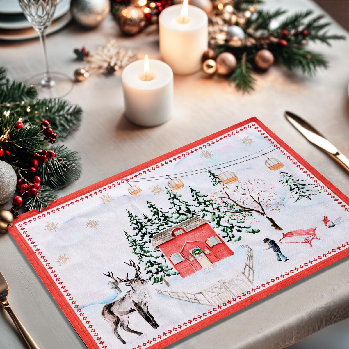 Placemats Set of 4 Reusable 100% Cotton (065 - Rural Christmas / 13" X 19" (Pack of 4))