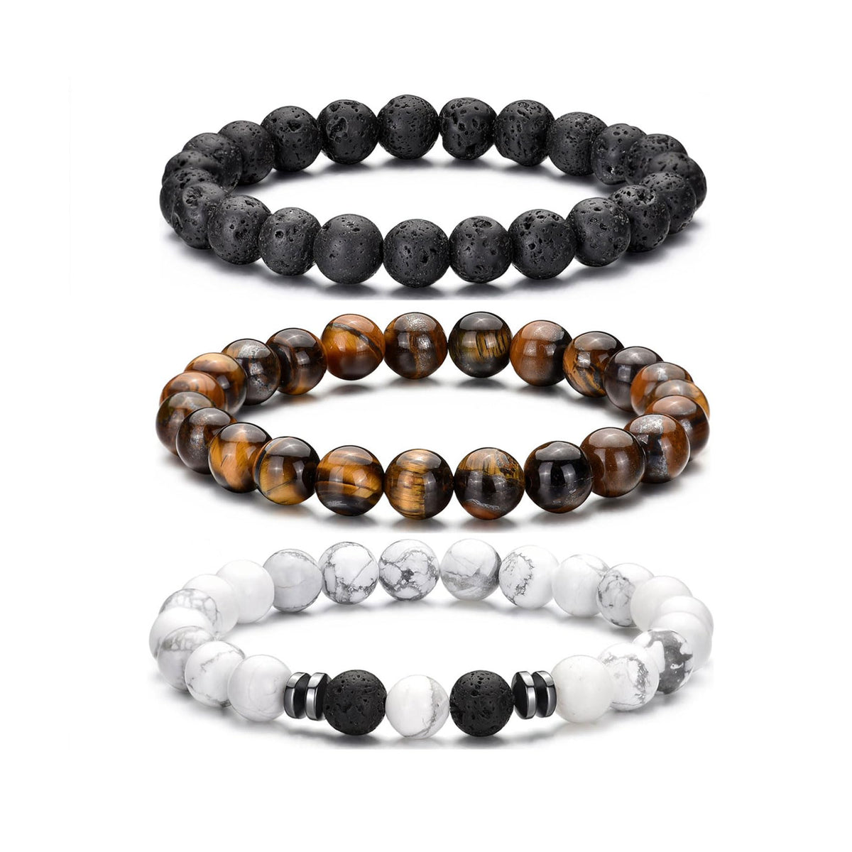 Tiger Eye Bracelet For Men 8MM Natural Stone Beads Bracelet Set Stretch Lava Rock Bracelets Adjustable Black Crystal Beaded Bracelet for Men Women Gifts (2,white,tiger eye)