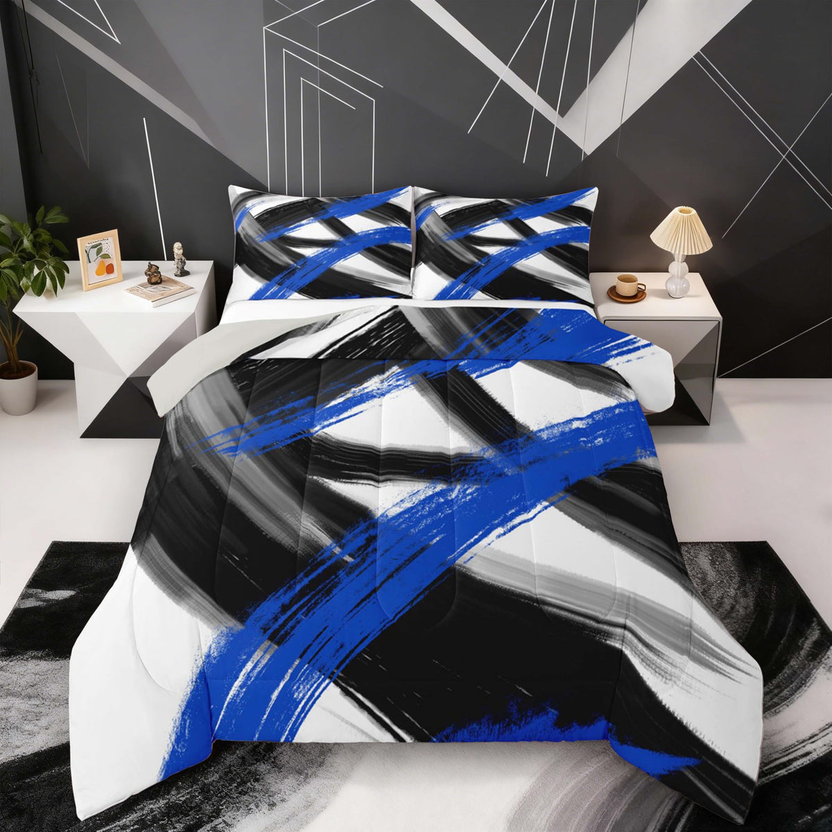 Black Blue Comforter Set King Size Abstract Geometric Bedding Set for Boys Girls Modern Minimalist Duvet Quilt Room Decor Breathable Soft Microfiber All Season 3Pcs with 2 Pillow Cases (Multi 45688 / King)