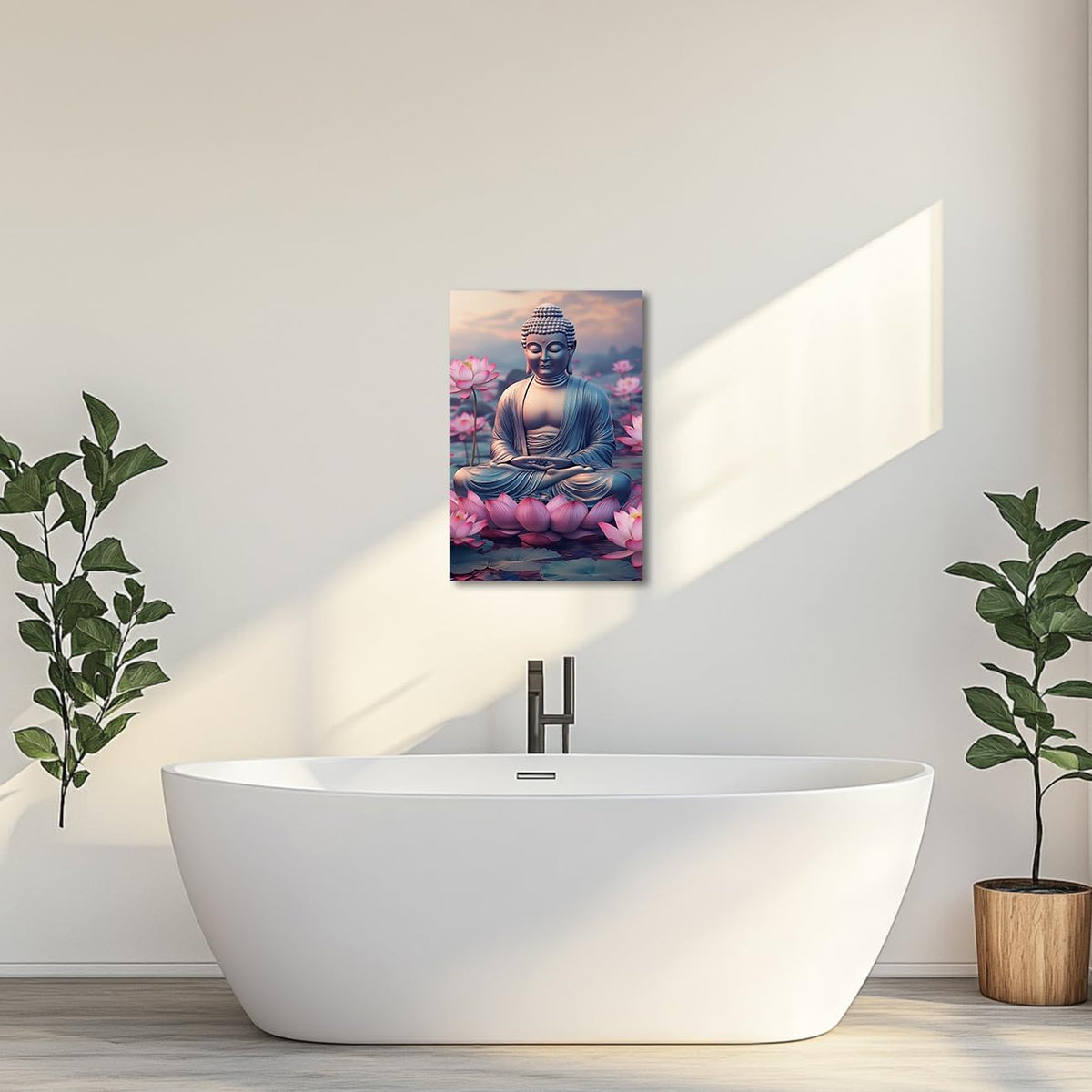 Buddha Canvas Wall Art Zen Picture Lotus Flower Painting Buddha Statue Prints Pink Floral Artwork Meditation Buddhist Artwork Prayer Room Decor Frame (Pink / 36L" x 24W")