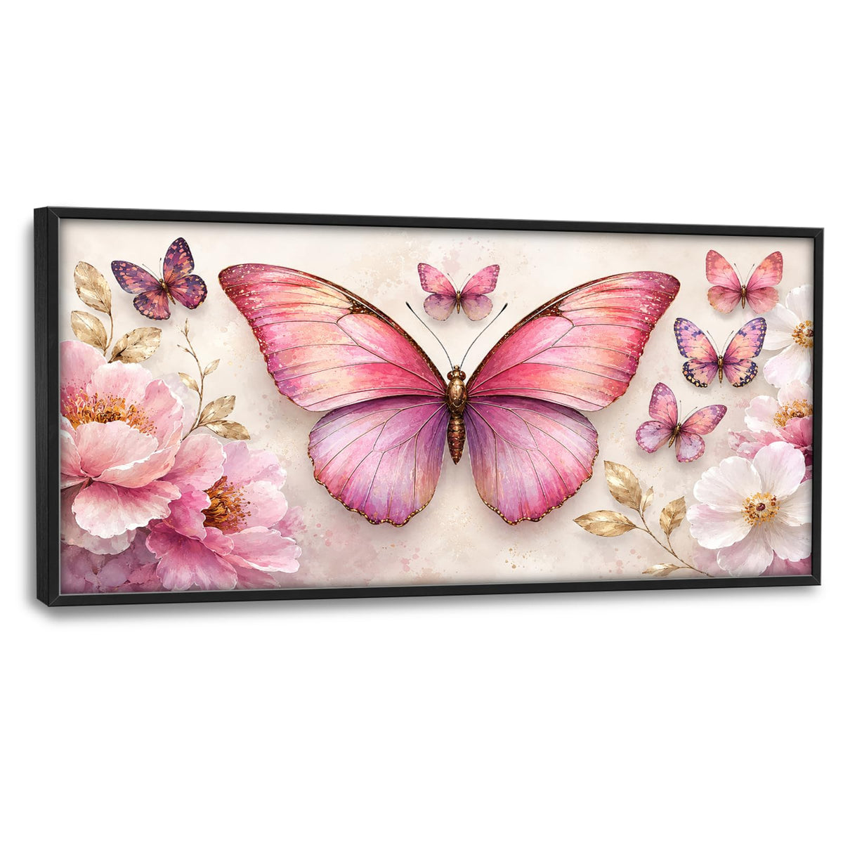 Pink Butterfly Large Wall Art Floral Flower Wall Decor Canvas Framed Pictures Painting Artwork For Living Room Bedroom Office 30"X60" (Pink Butterfly / 60"L x 30"W)