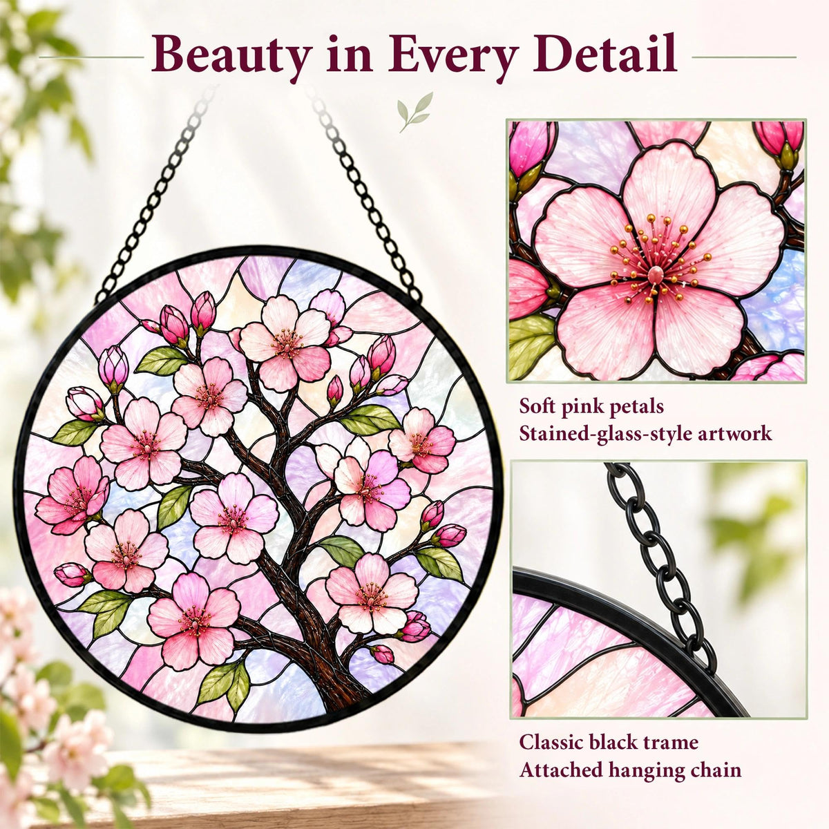 Cherry Blossoms Gifts for Women Stained Glass Window Hanging Suncatcher 6.3 (Cherry Blossoms / 6.3 x 6.3 IN)