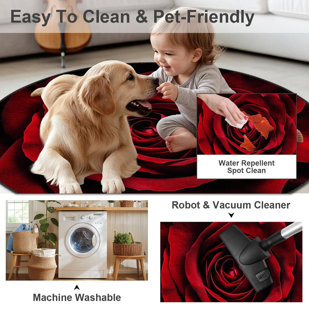 4ft Round Area Rug (Red Rose / 4' (Round))