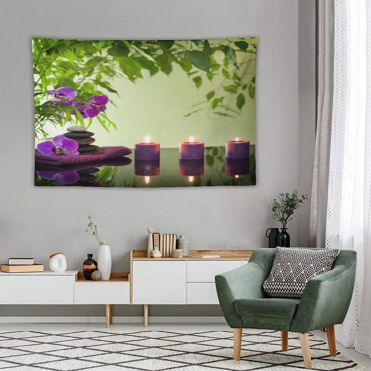Spa Tapestry Wall Hanging Stones Aromatic Candles and Orchids Blooms Treatment Vacation Tapestries Home Decor for Living Room Bedroom Farmhouse Kitchen Dorm 60"x90" (60"L x 90"W / Zen-12)