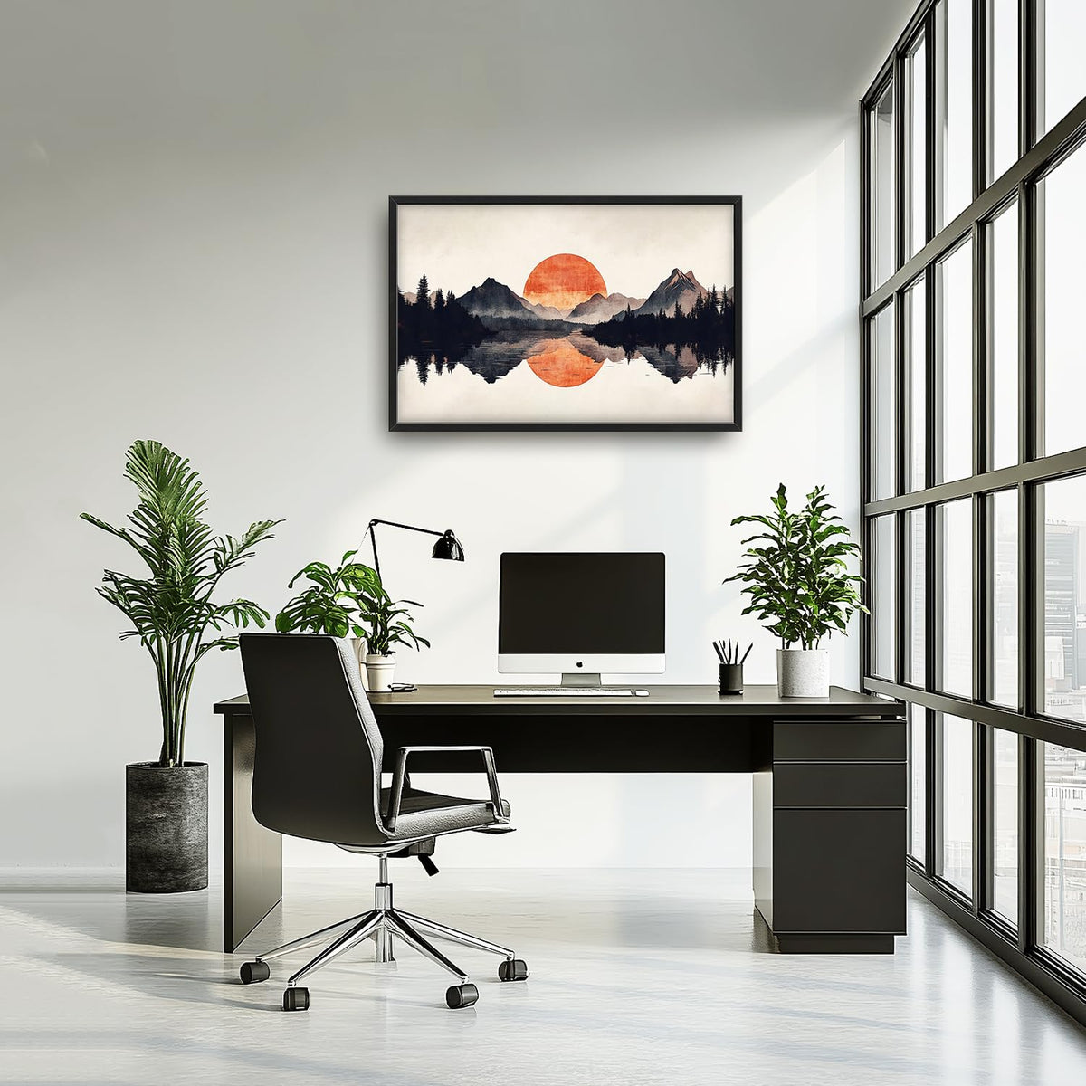 Large Forest Mountains Reflection Framed Wall Art for Living Room (36"L x 24"W / Watercolor Reflection)