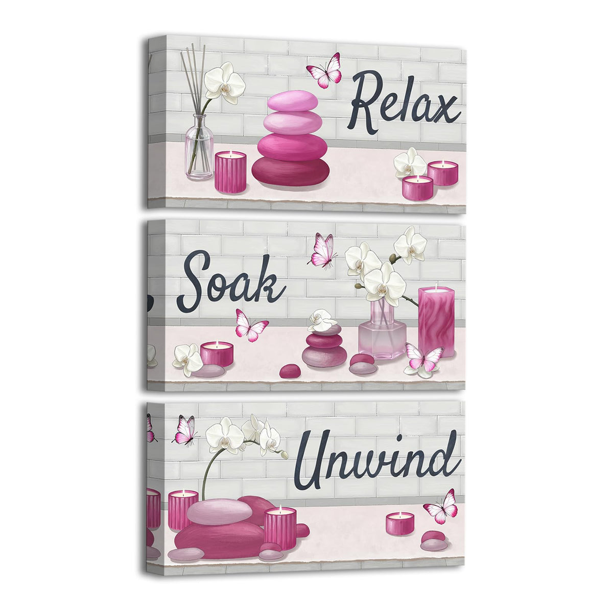 Pink Bathroom Wall Art Zen Pictures Canvas Painting for Zen Meditation Room Wall Decor Framed 8"x16" for Each (Pink)