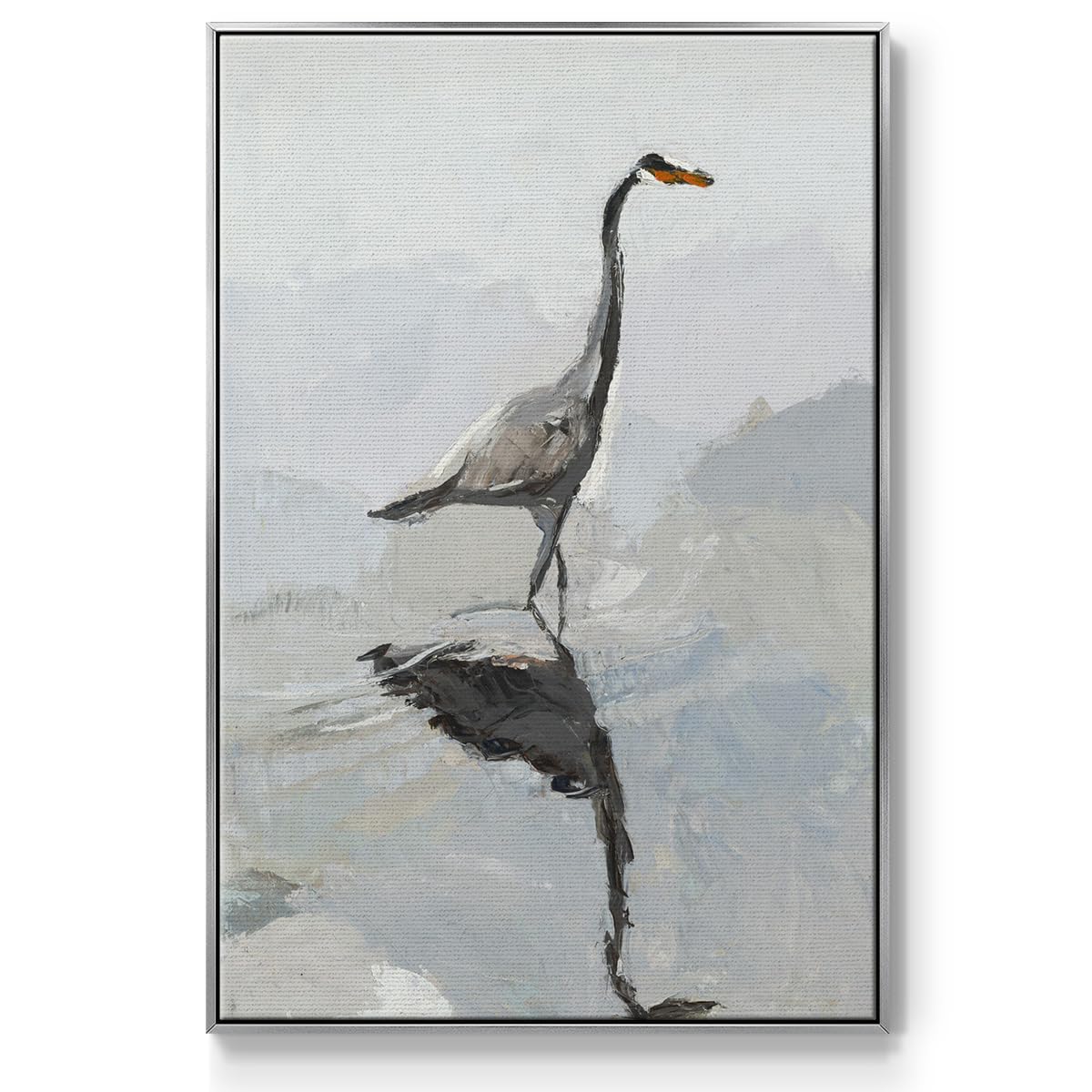Abstract Nature Art Silver Floater Frame Home Prints Heron Bird in Water Canvas Wall Paintings for Bedroom Classroom Office (37"L x 25"W / Heron)