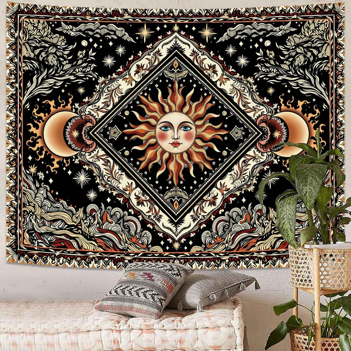 Celestial Sun & Moon Tapestry (Yellow Ivory / 80"L x 60"W)