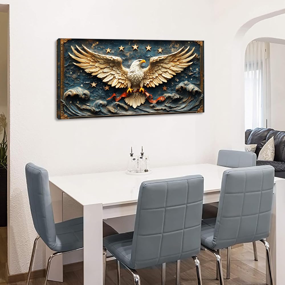 Gold Eagle Wall Art for Living Room Office Relief Sculpture Patriotic Symbol Baroque Ornamental Painting Prints Classic Canvas Artwork Dining Bedroom Decor Large (Baroque / Eagle Relief Sculpture Wall Art / 46L" x 23W")