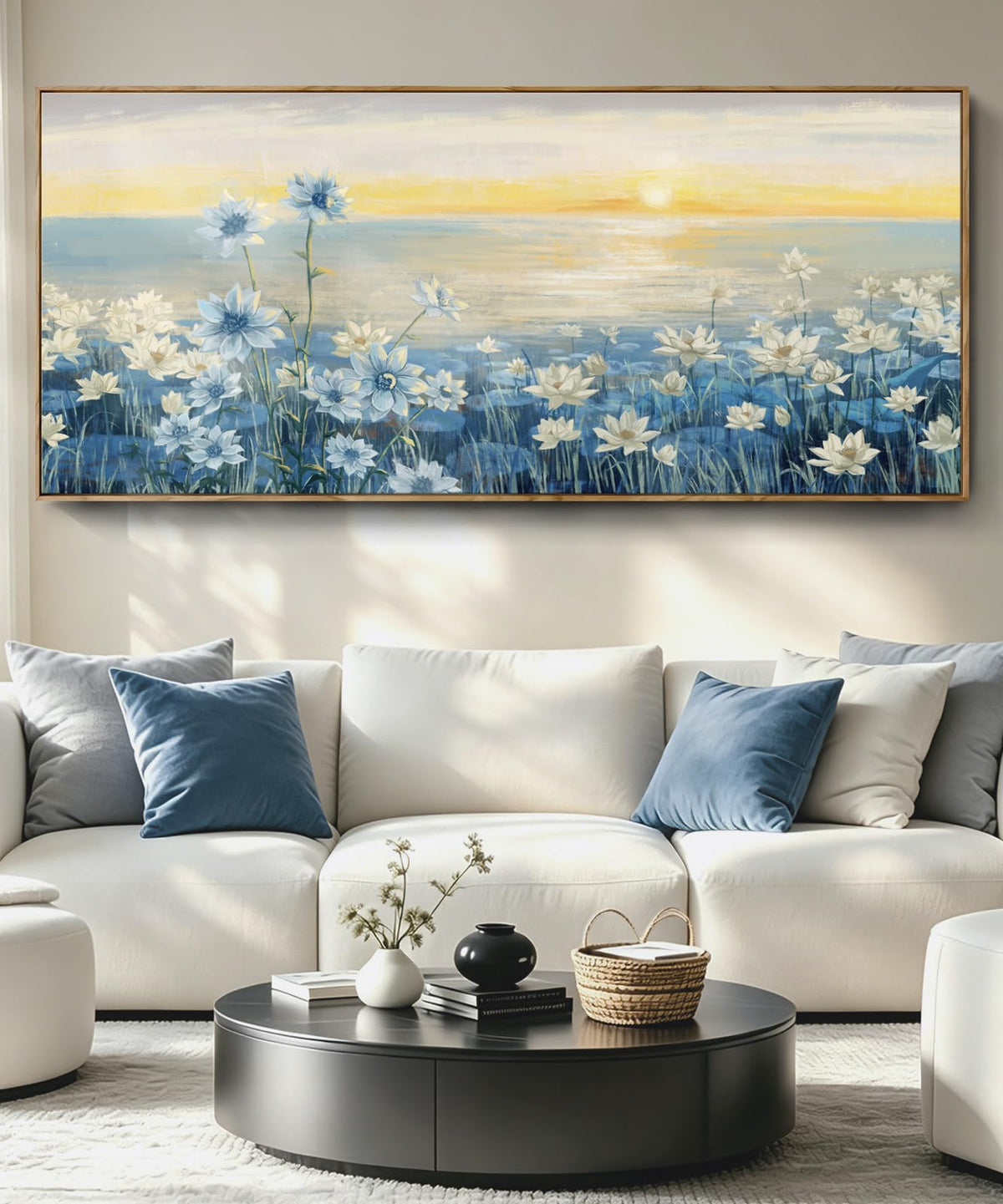 Giant Framed Wall Art for Living Room Extra large Modern Coastal Beachy Canvas Wall Art Big Floral Sunrise Blue Wall Picture Oversized Lake Nature Sunset Artwork Office Bedroom Decor 71“x31” (Sunrise Wall Art / 71"L x 31"W)