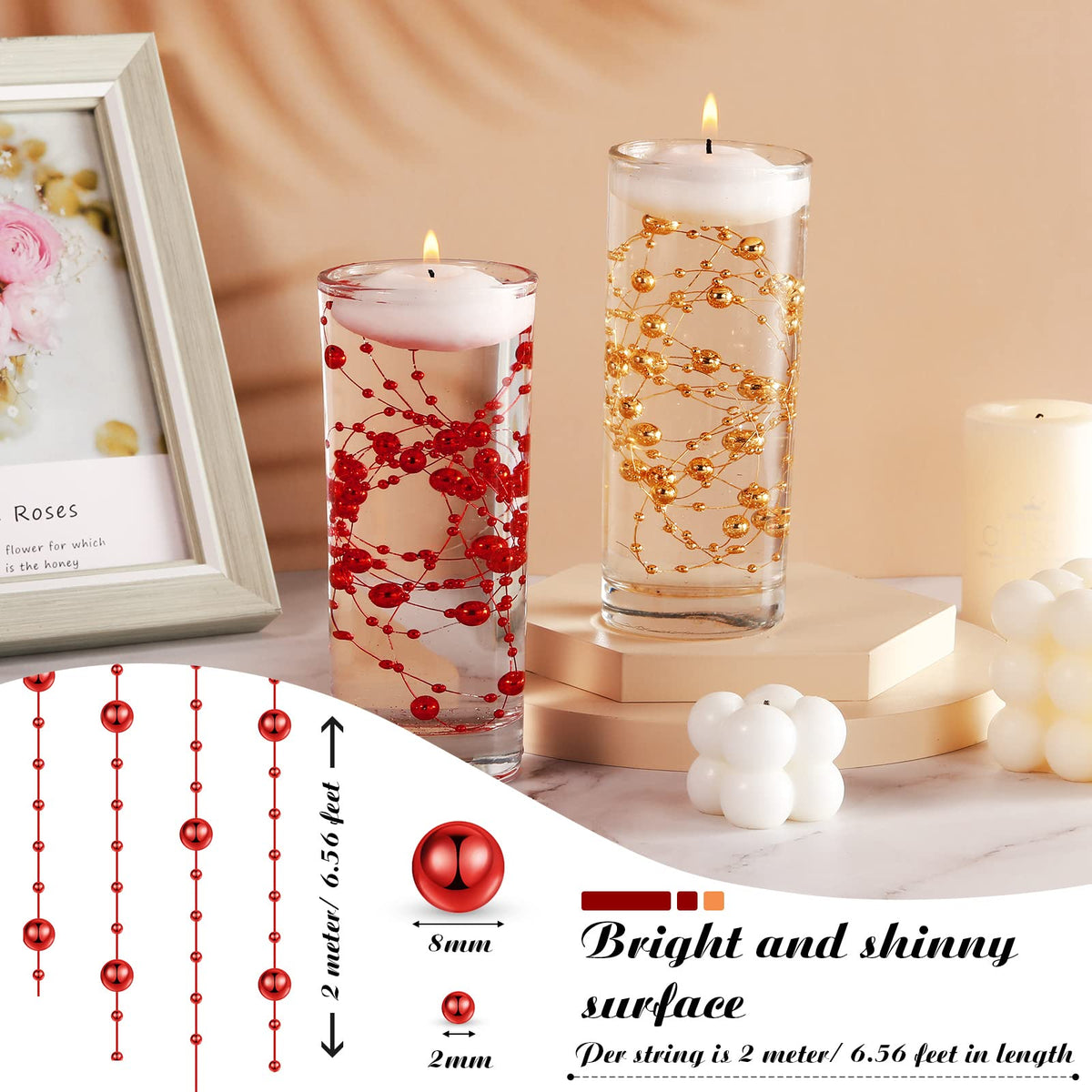 157 Feet 24 Strings Pearl String for Vases Floating Candles (Red, Gold)