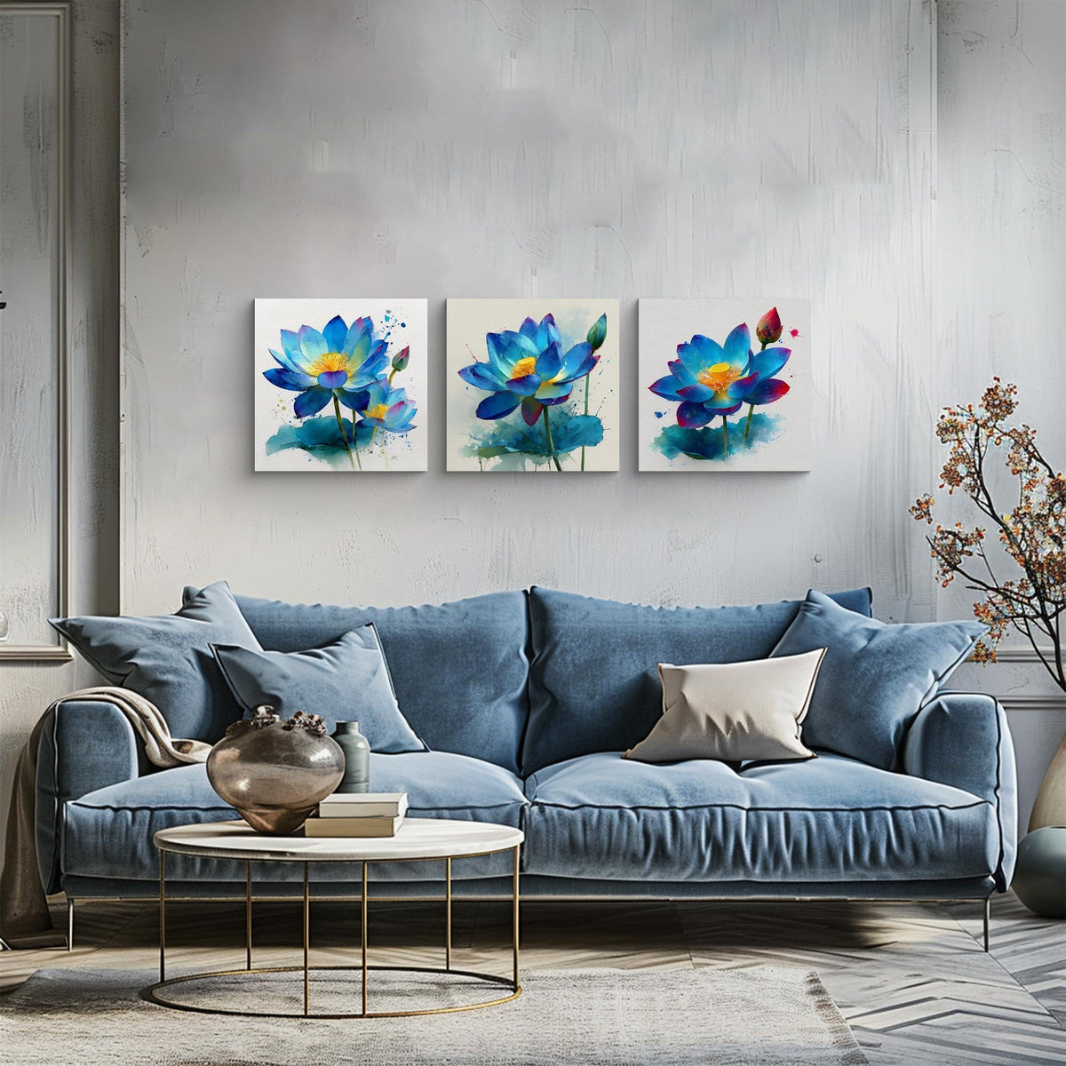 3Pcs Blue Lotus Watercolor Canvas Wall Art Print Blooming Flower Yellow Center Teal Purple Petals Botanical Floral Pictures for Bedroom Bathroom Living Room Decor Zen Artwork Ready to Hang (Blue Lotus / 14x14inchx3)