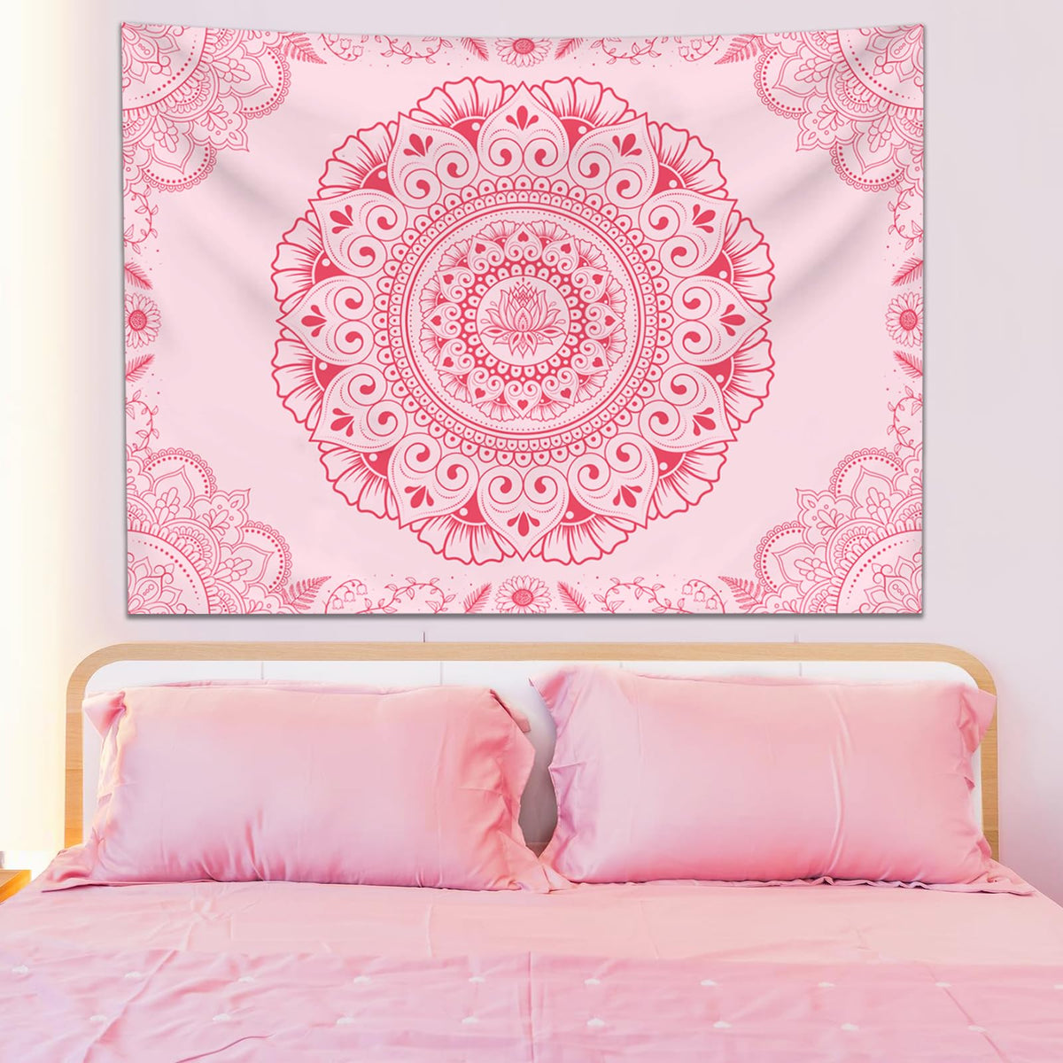 Pink Boho Mandala Tapestry Wall Hanging for Bedroom 79"x 59" (Cherry Blossom Pink / 79"L x 59"W)